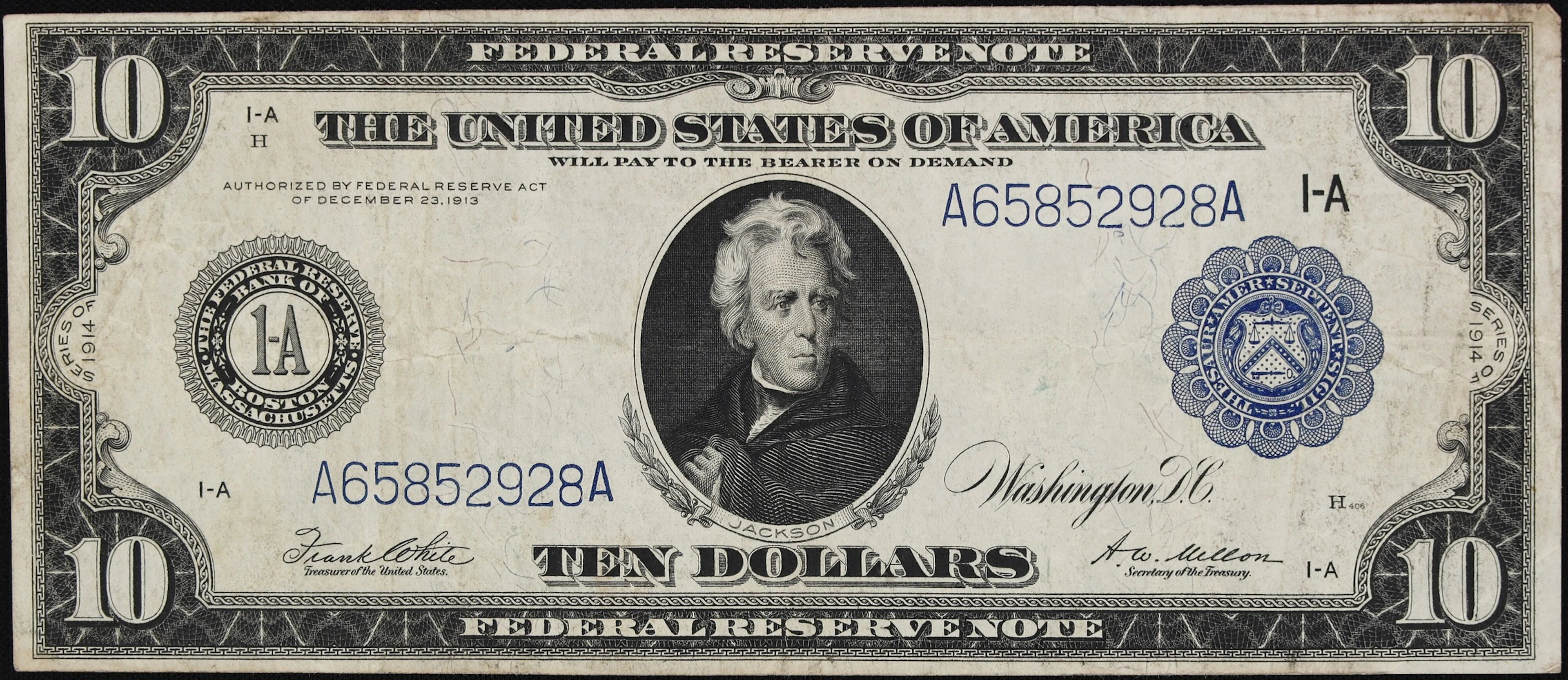 Fr. 907b. 1914 $10 Federal Reserve Note. Boston. Very Fine.