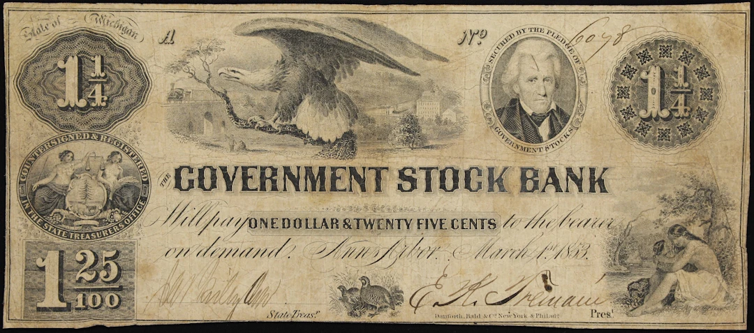 Ann Arbor, Michigan. Government Stock Bank. 1853 $1.25. Fine to Very Fine.
