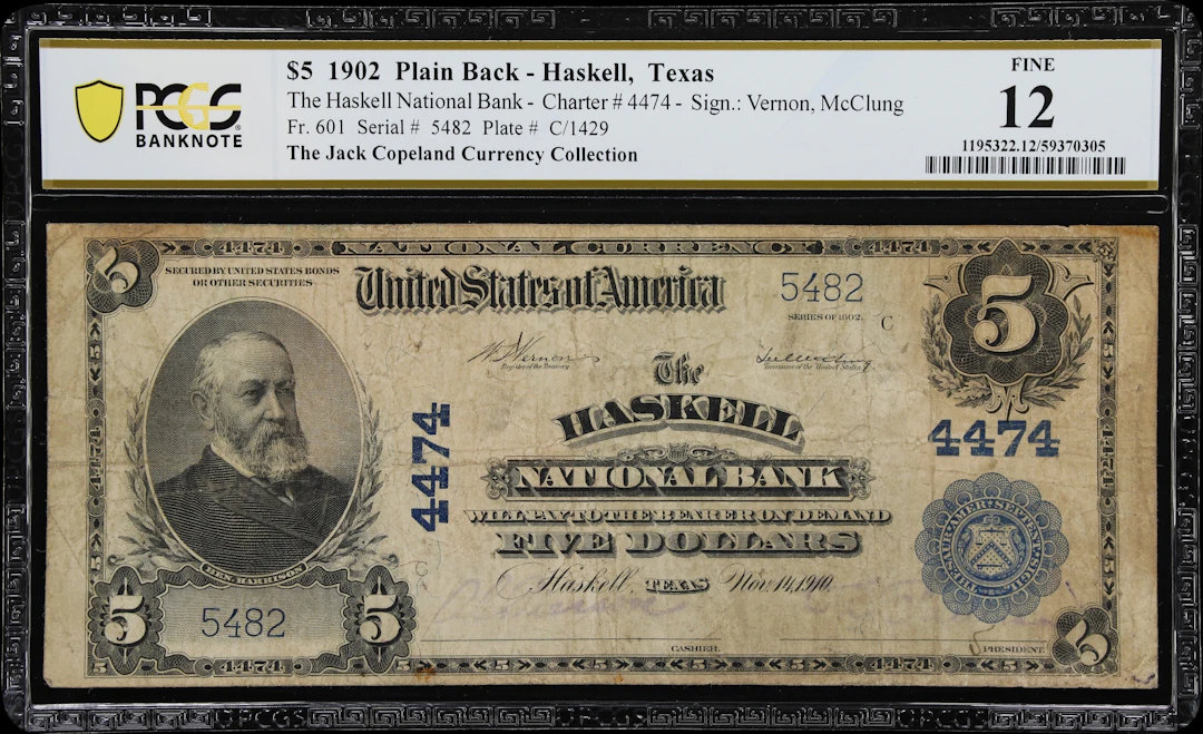 Haskell, Texas. $5 1902 Plain Back. Fr. 601. Haskell NB. Charter #4474.