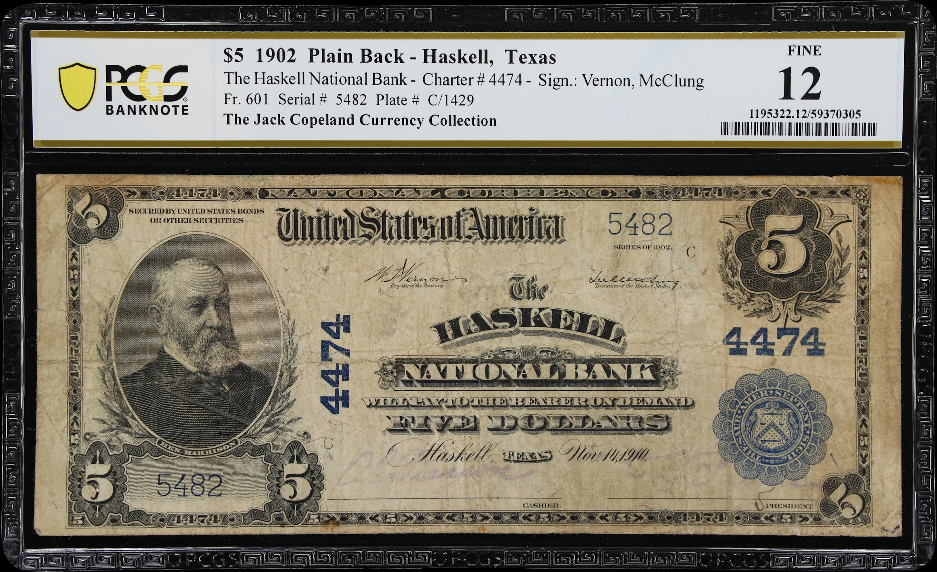 Haskell, Texas. $5 1902 Plain Back. Fr. 601. Haskell NB. Charter #4474.