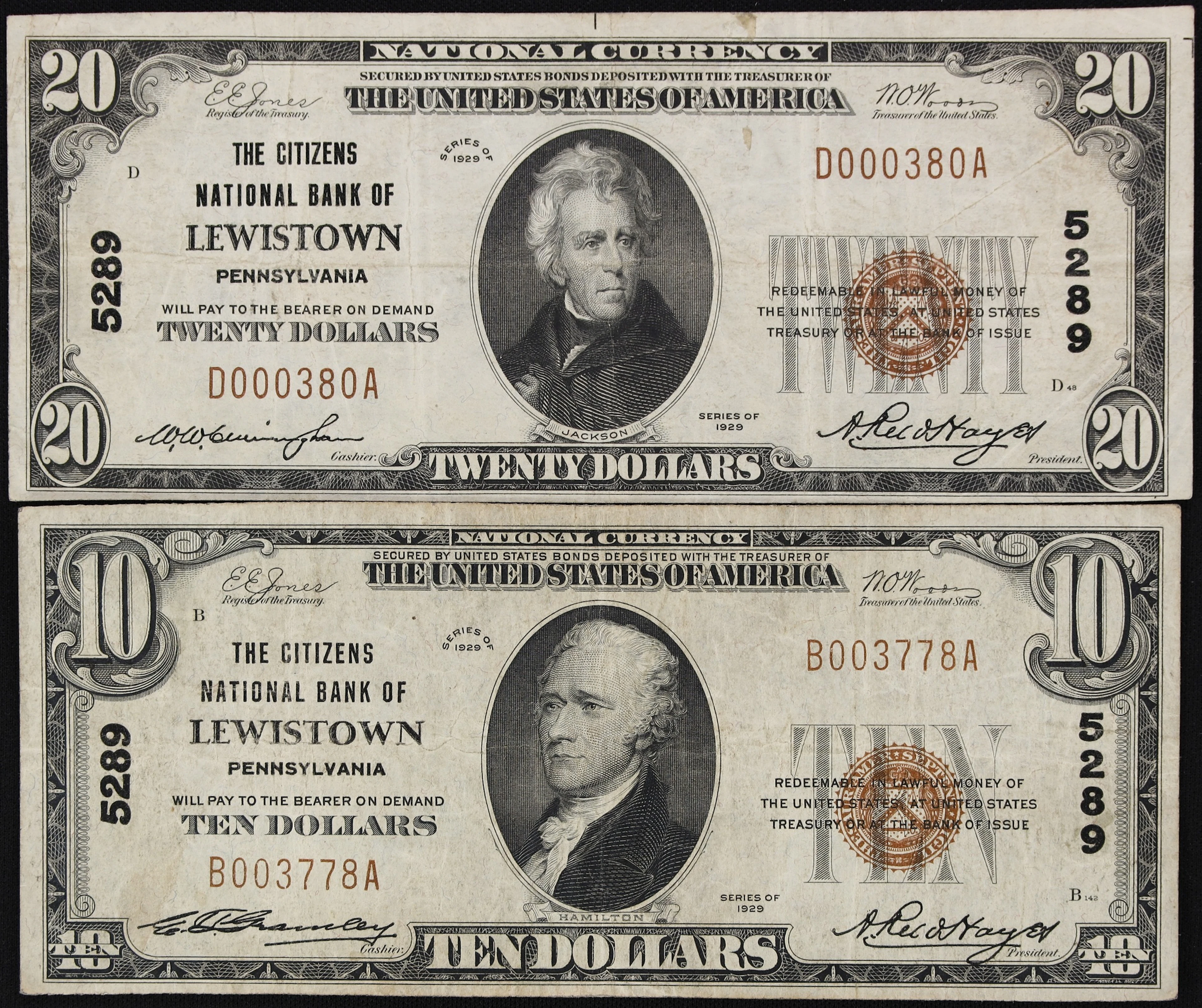 Lot of (2) Lewistown, Pennsylvania. $10 & $20 1929 Ty. 1. Fr. 1801-1
