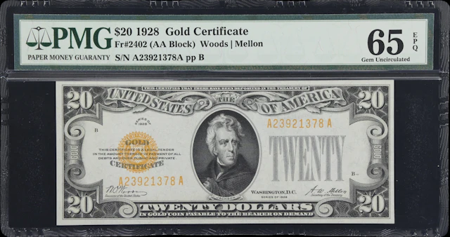 Fr. 2402. 1928 $20 Gold Certificate. PMG Gem Uncirculated 65 EPQ.