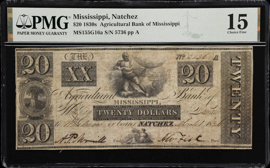 Natchez, Mississippi. Agricultural Bank of Mississippi. 1836 $20.
