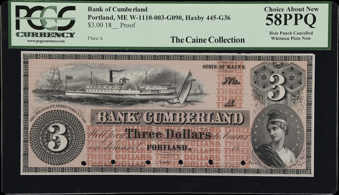 Portland, Maine. Bank of Cumberland. 18xx $3. PCGS Currency Choice