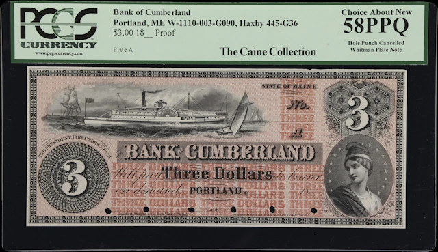 Portland, Maine. Bank of Cumberland. 18xx $3. PCGS Currency Choice