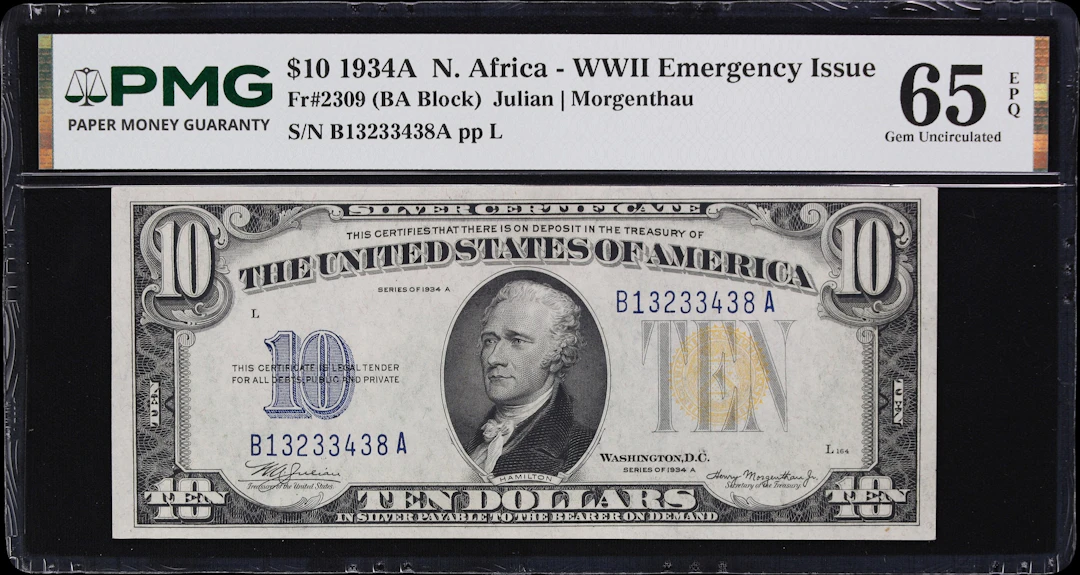 Fr. 2309. 1934A $10 North Africa Emergency Note. PMG Gem Uncirculated 65 EPQ.