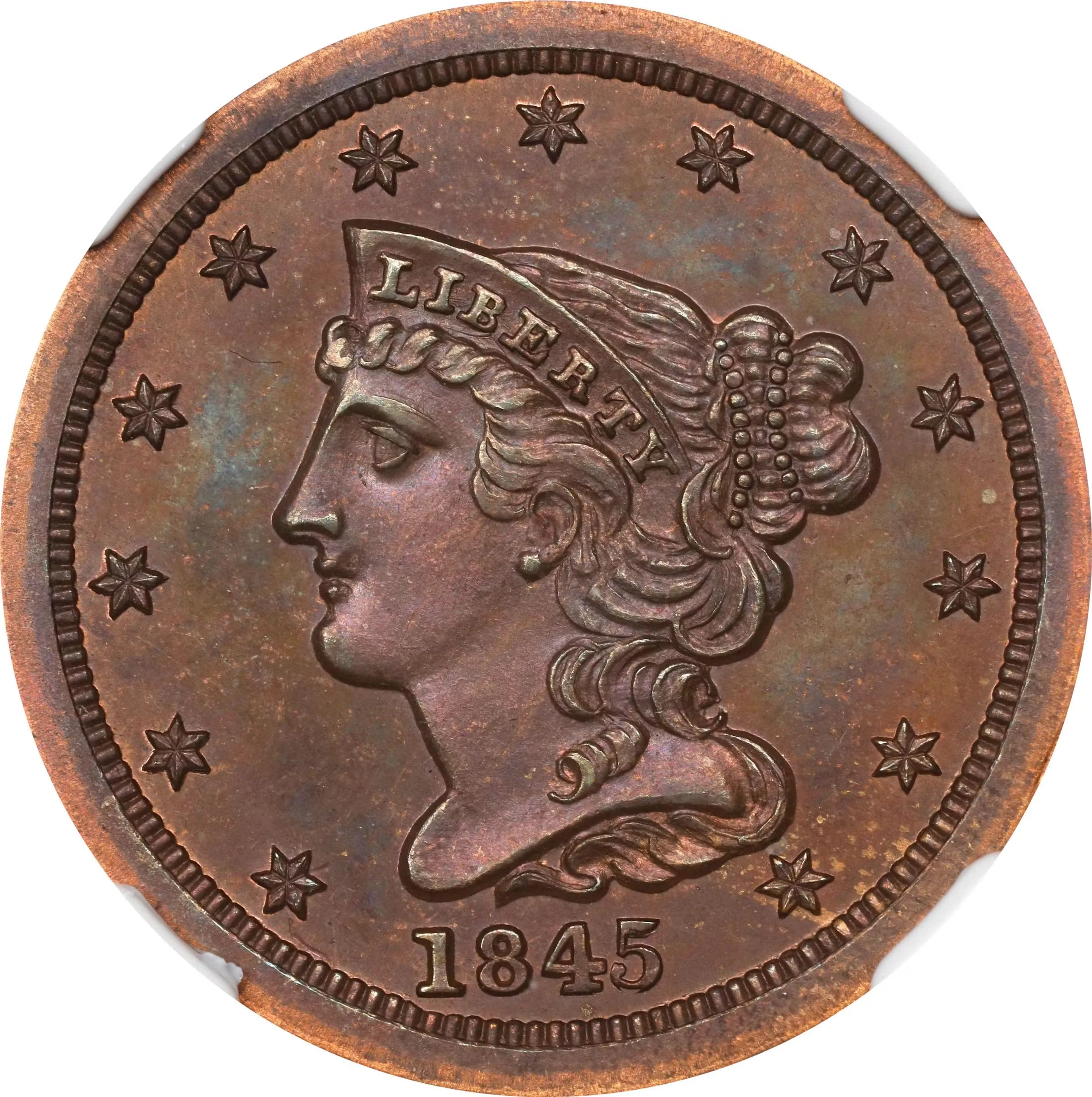 1845 Braided Hair Half Cent. Second Restrike. B-3. Rarity-6-. Small