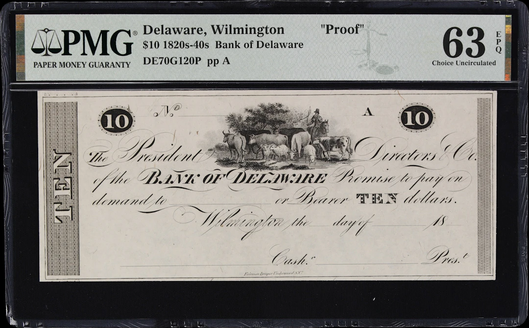 Wilmington, Delaware. Bank of Delaware. 18xx $10. PMG Choice Uncirculated