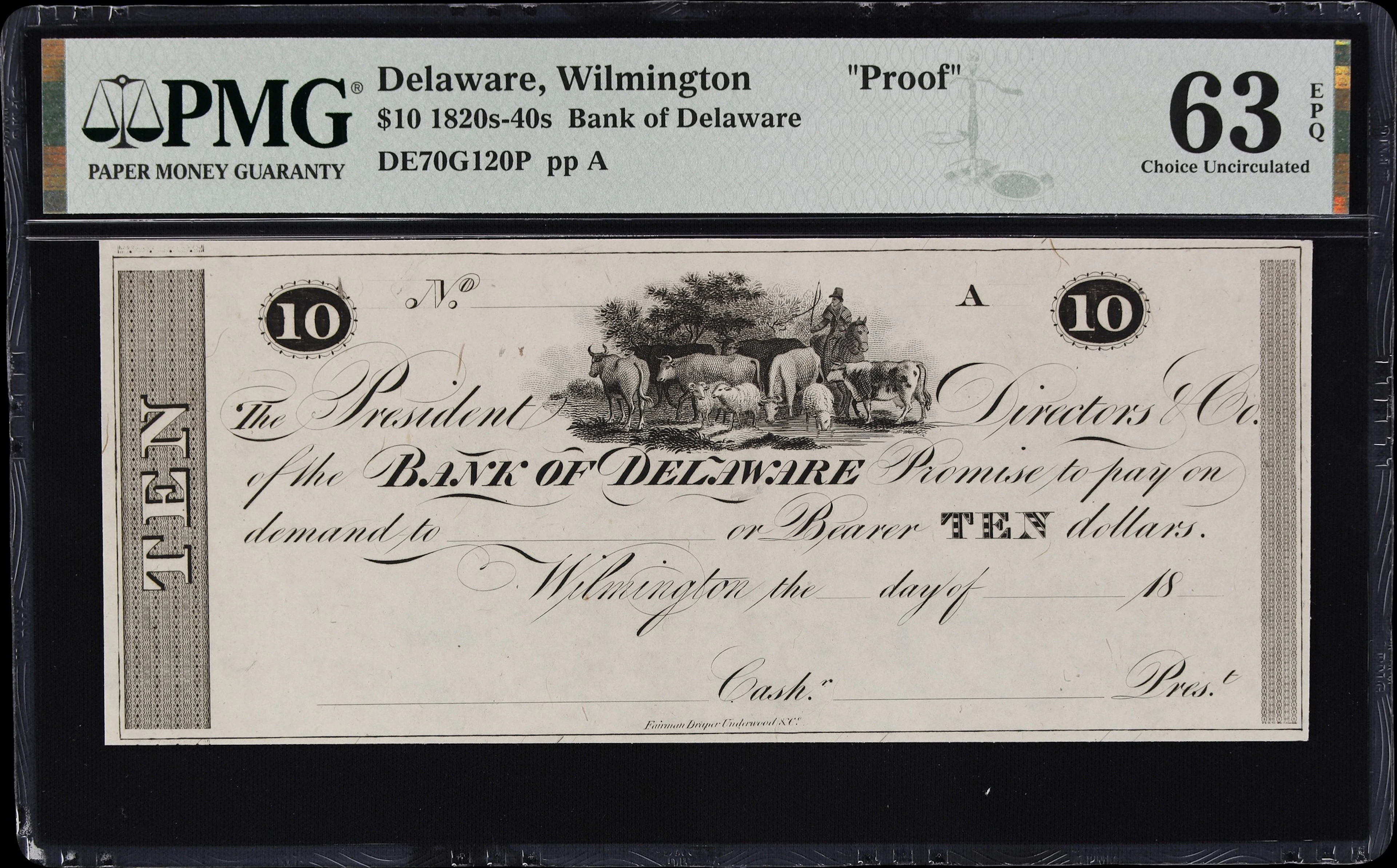 Wilmington, Delaware. Bank of Delaware. 18xx $10. PMG Choice Uncirculated