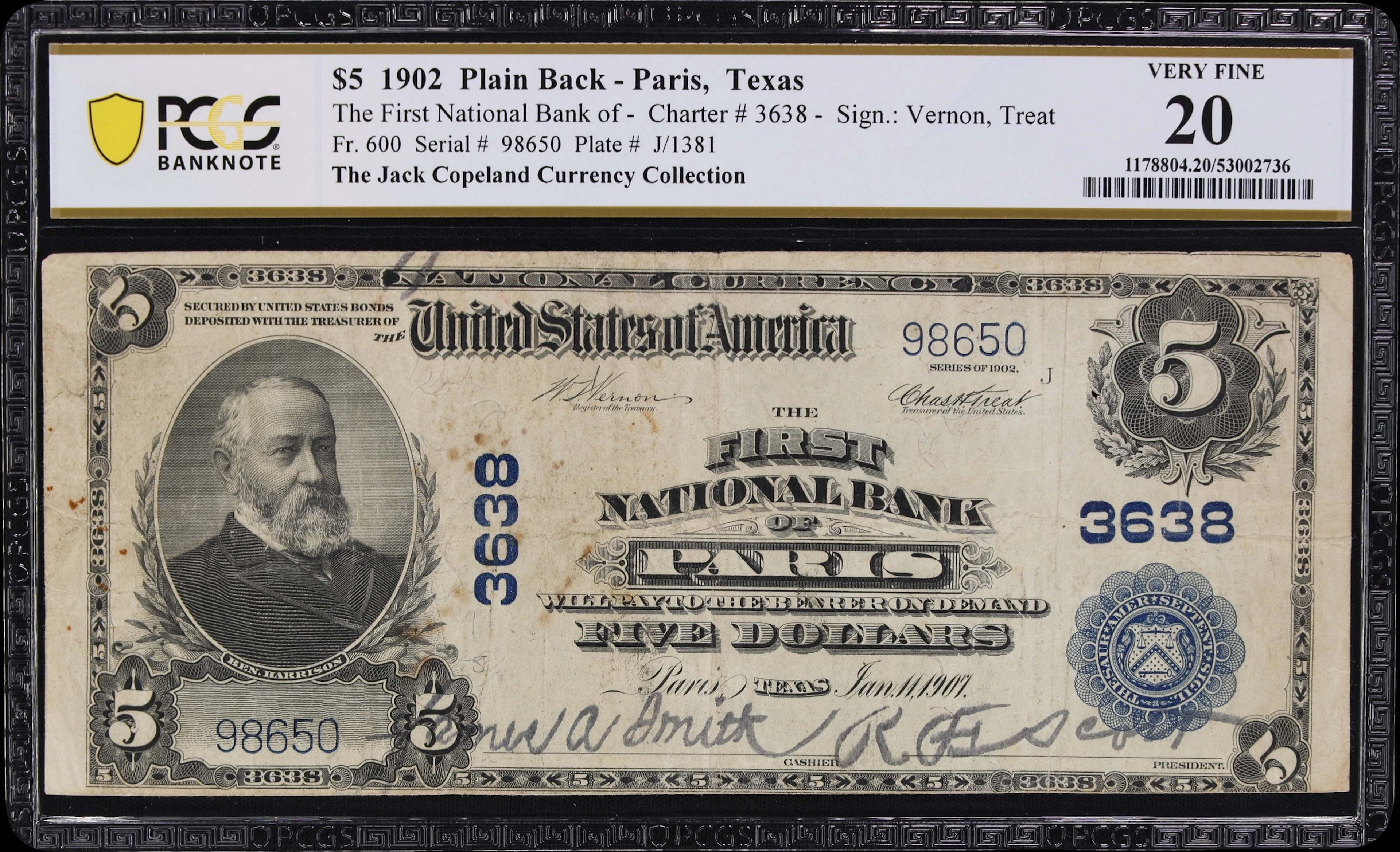 Paris, Texas. $5 1902 Plain Back. Fr. 600. First NB. Charter #3638.