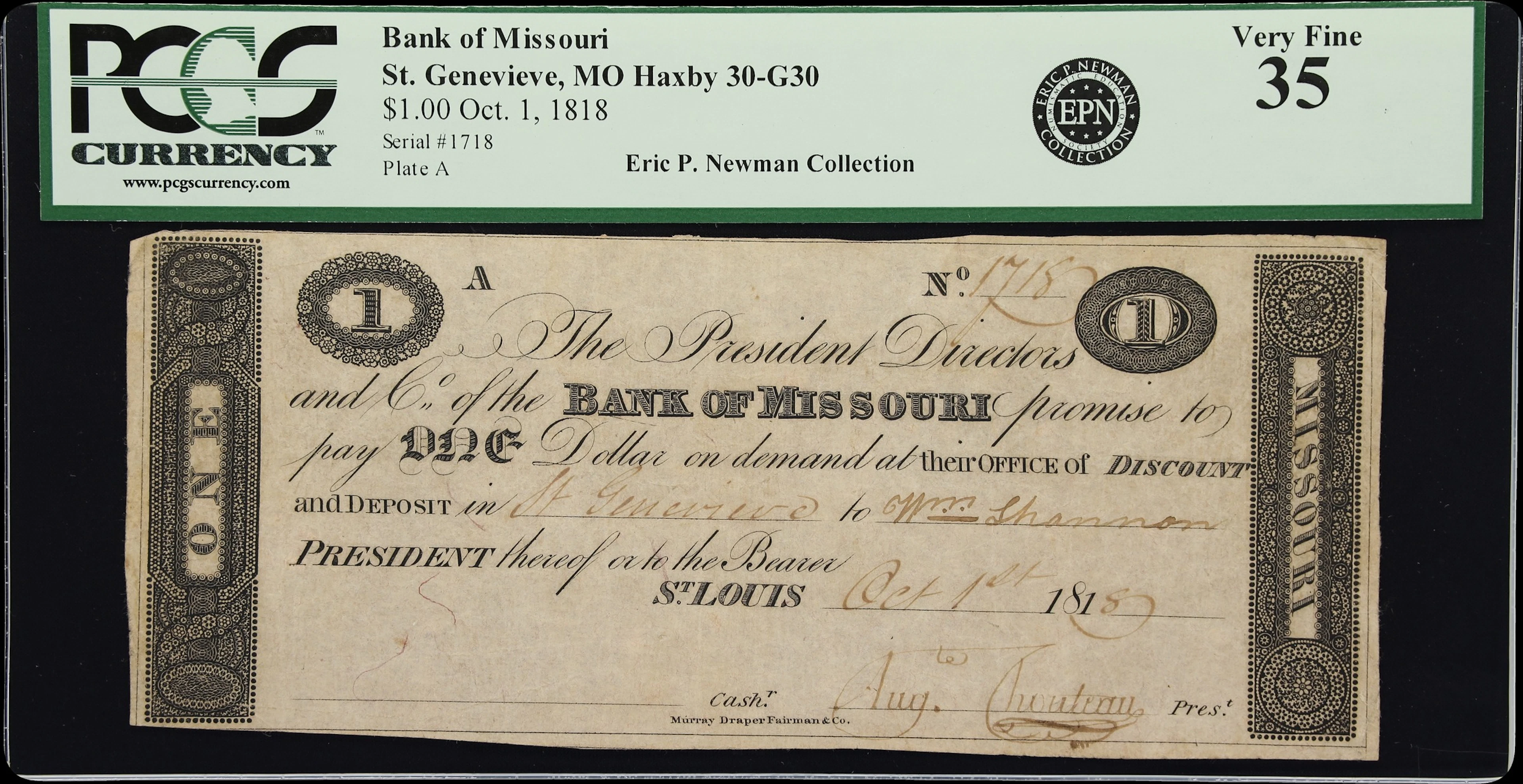 St. Genevieve, Missouri Territory. Bank of Missouri. 1818 $1. PCGS