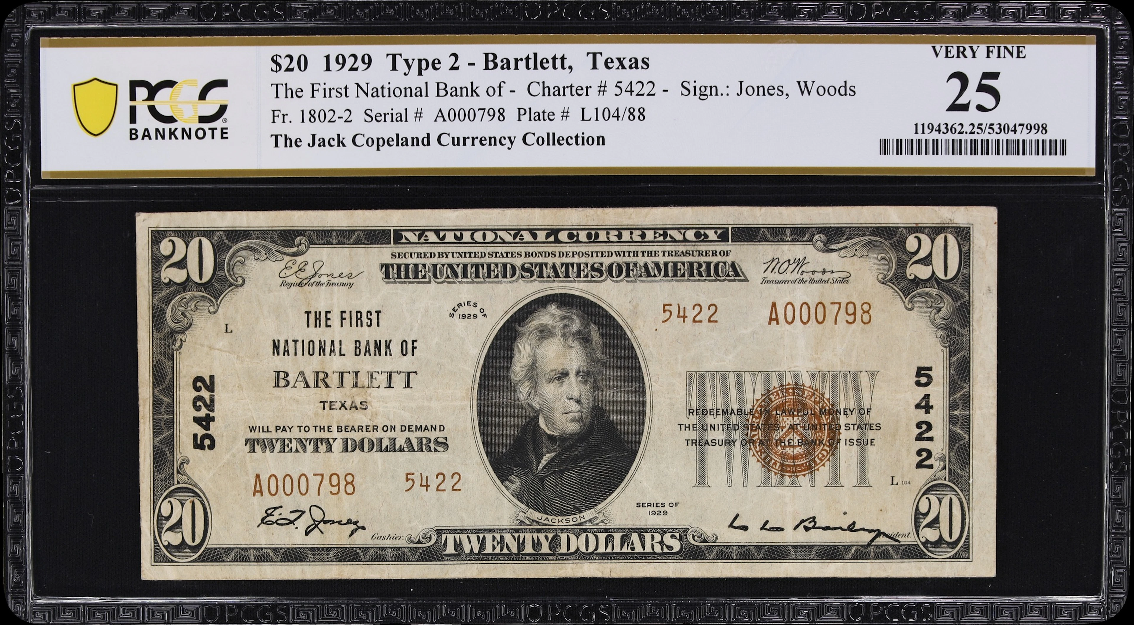 Bartlett, Texas. $20 1929 Ty. 2. Fr. 1802-2. First NB. Charter #5422.