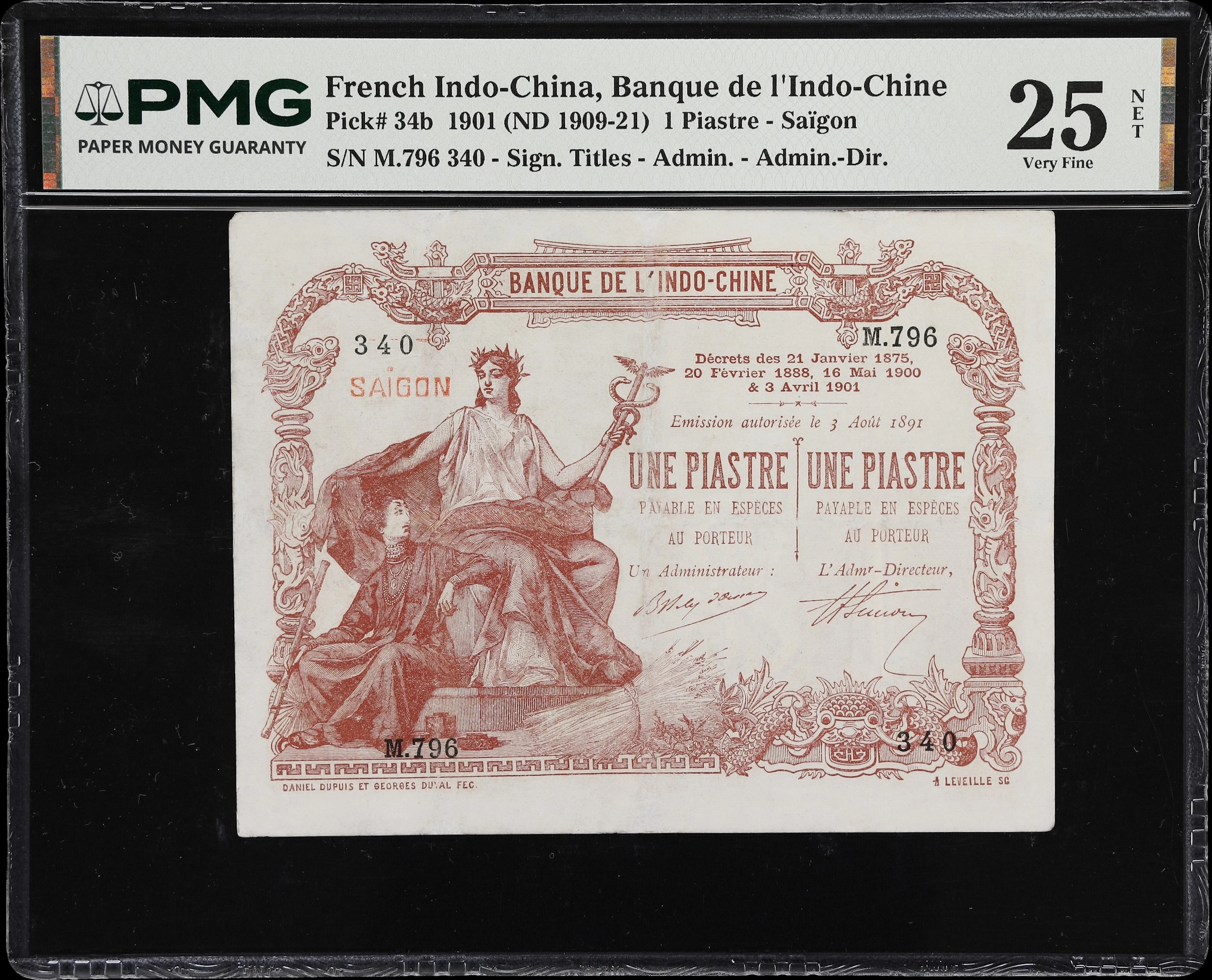 FRENCH INDO-CHINA. Banque de l'Indochine. 1 Piastre, 3.4.1901. P-34b.