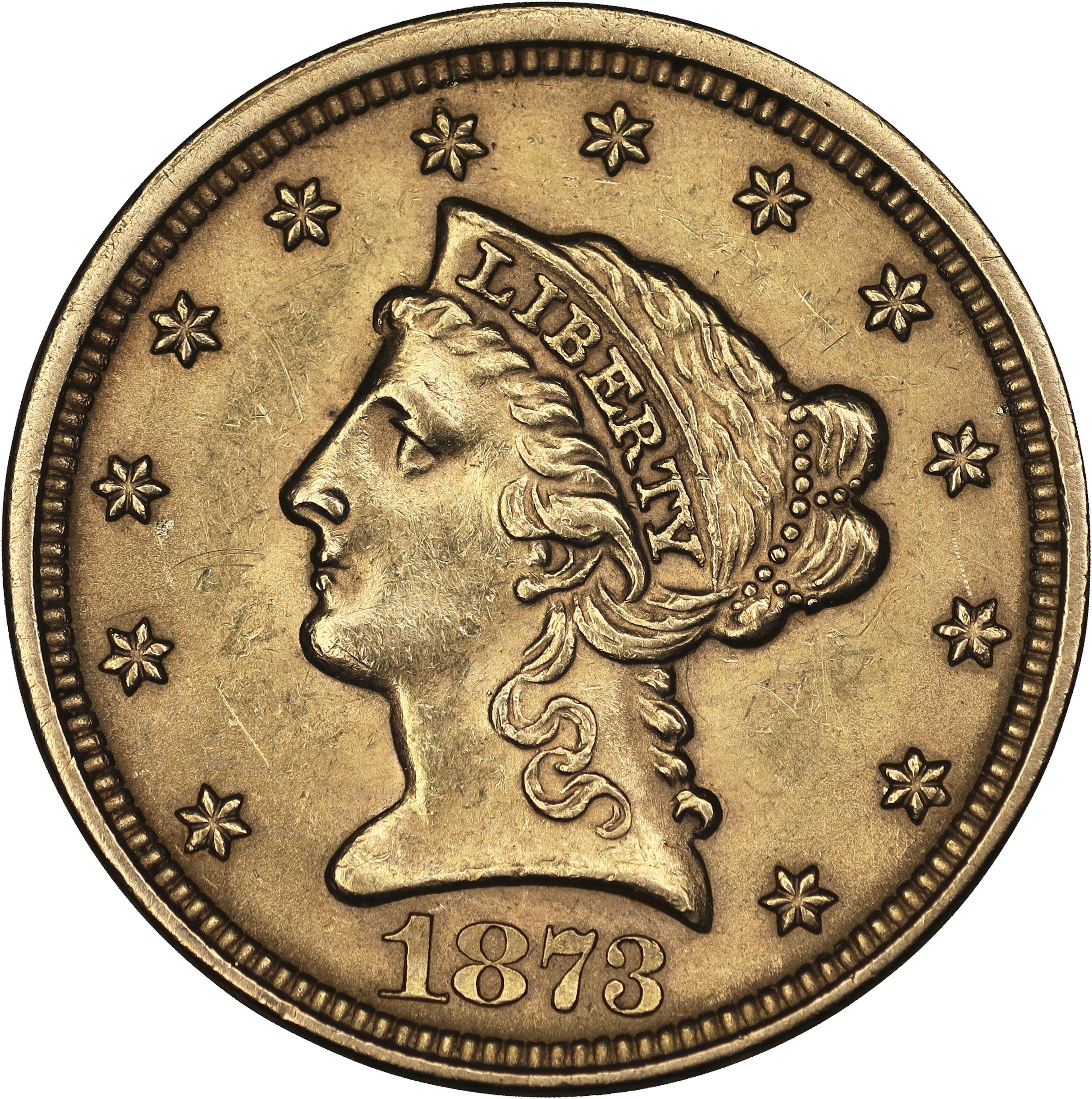 (0.121 oz, 3.764 g AGW). 1873 Liberty Head Quarter Eagle Gold $2.50.