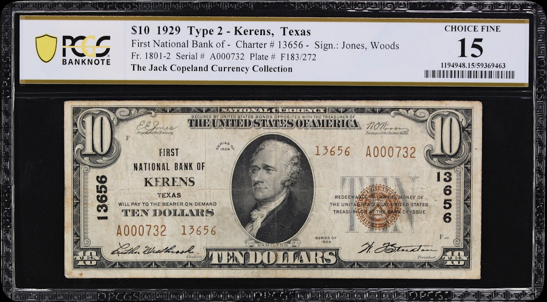Kerens, Texas. $10 1929 Ty. 2. Fr. 1801-2. First NB. Charter #13656.