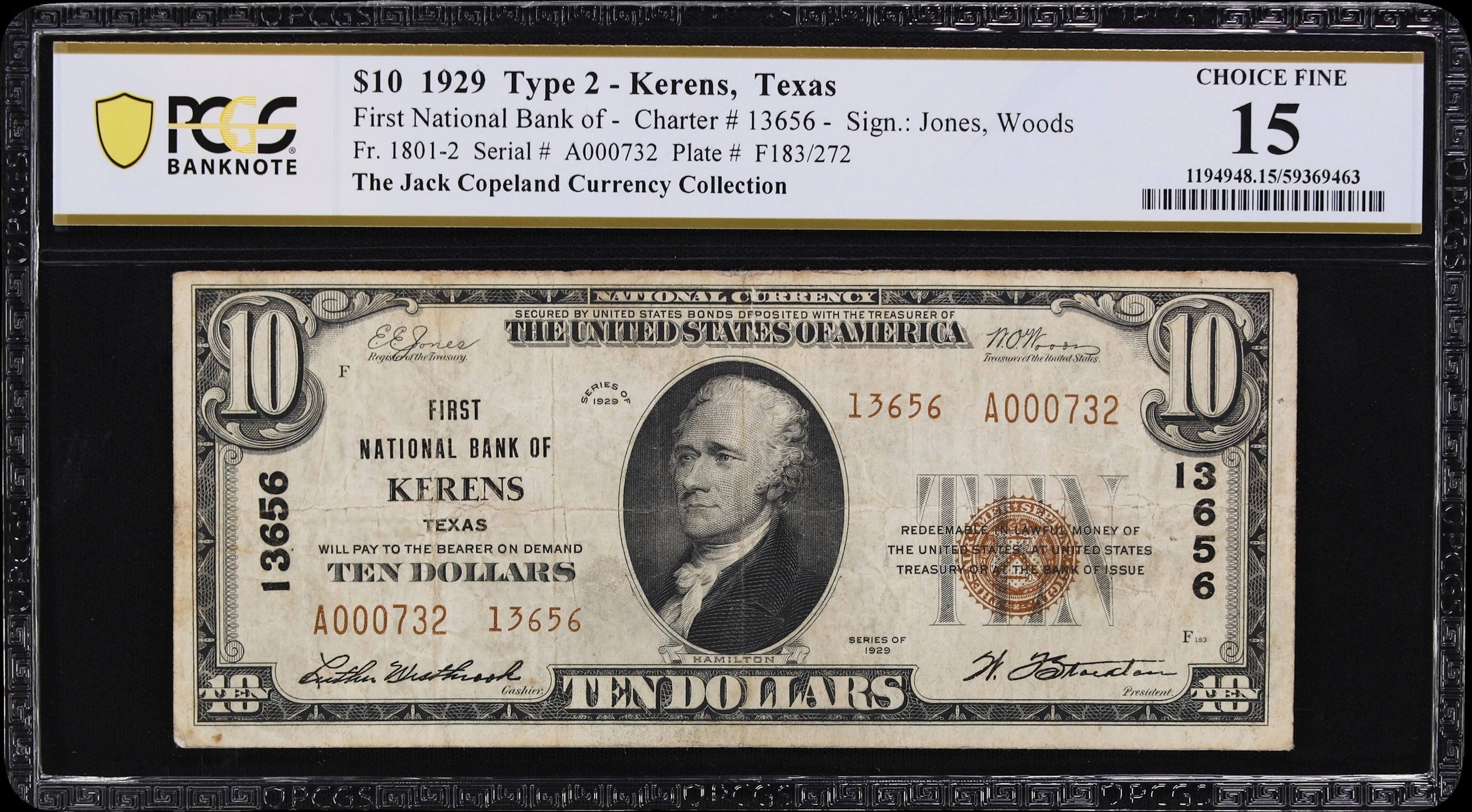 Kerens, Texas. $10 1929 Ty. 2. Fr. 1801-2. First NB. Charter #13656.
