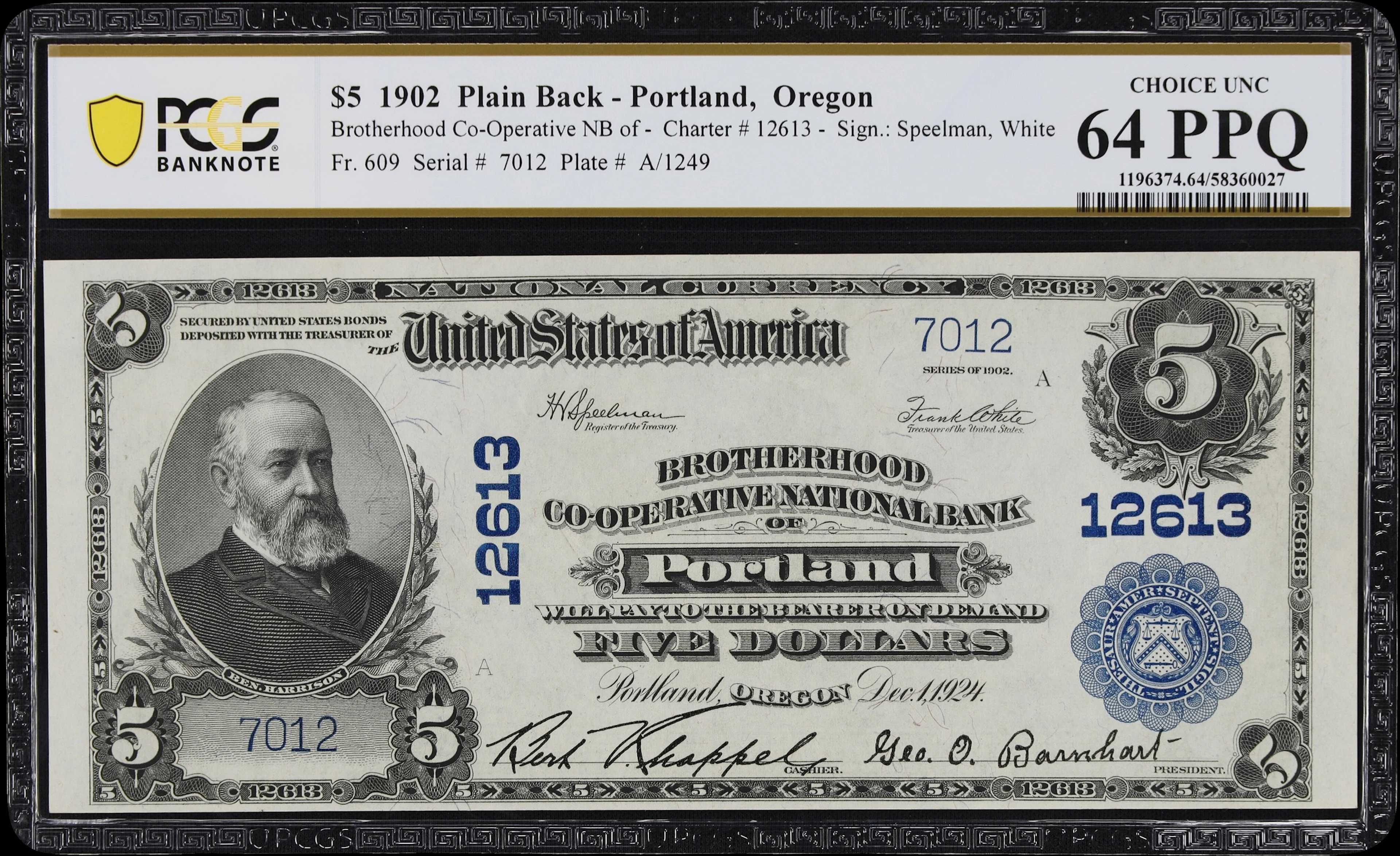 Portland, Oregon. $5 1902 Plain Back. Fr. 609. Brotherhood Co-operative