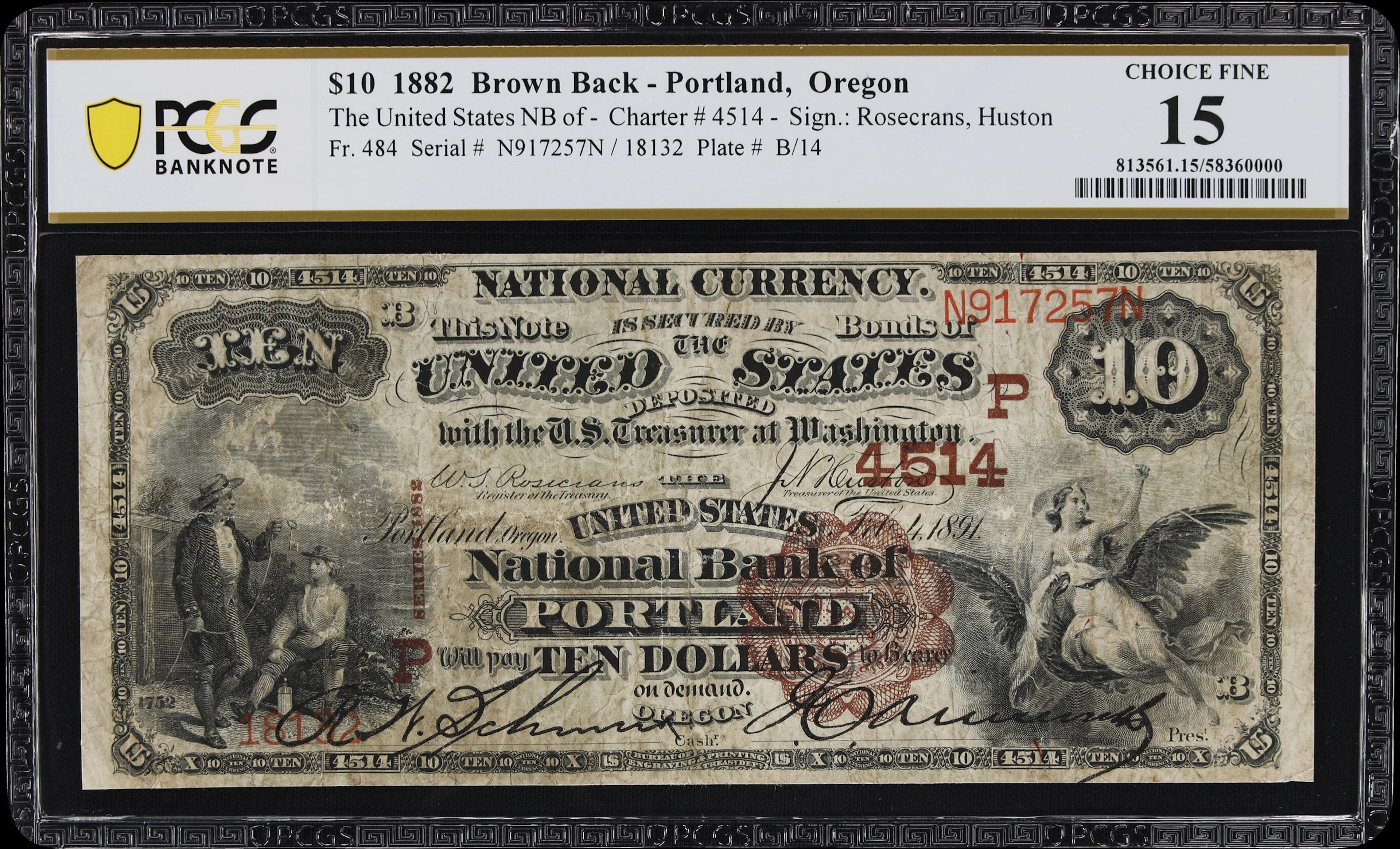 Portland, Oregon. $10 1882 Brown Back. Fr. 484. United States NB.