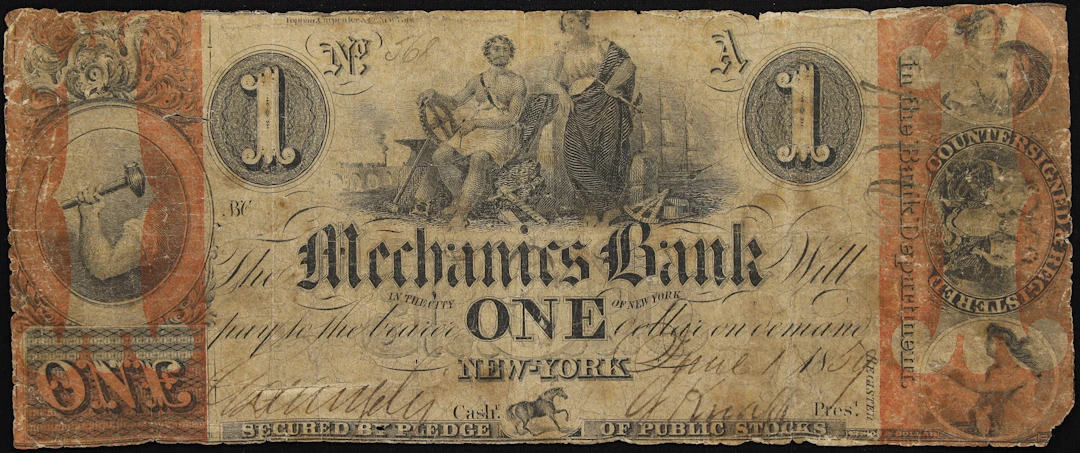 New York, New York. Mechanics Bank. 1859 $1. Very Good.