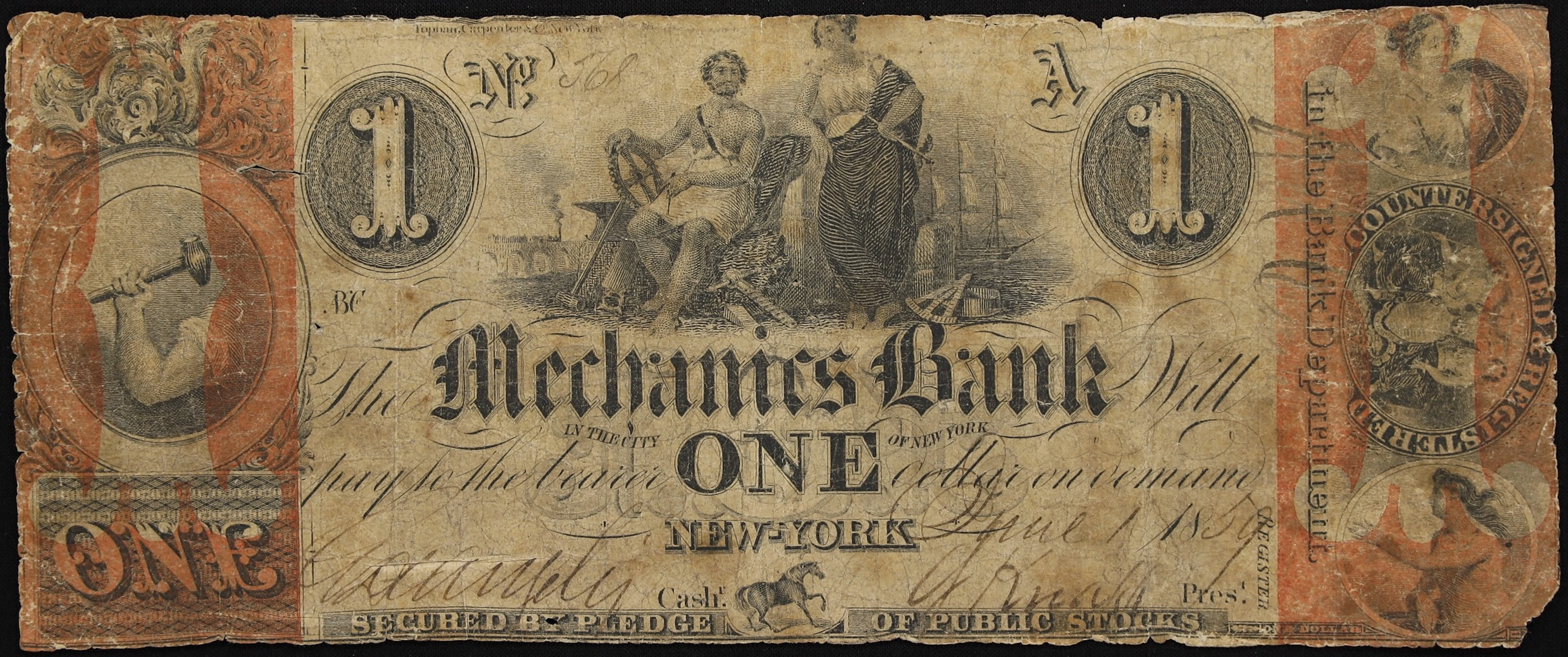 New York, New York. Mechanics Bank. 1859 $1. Very Good.