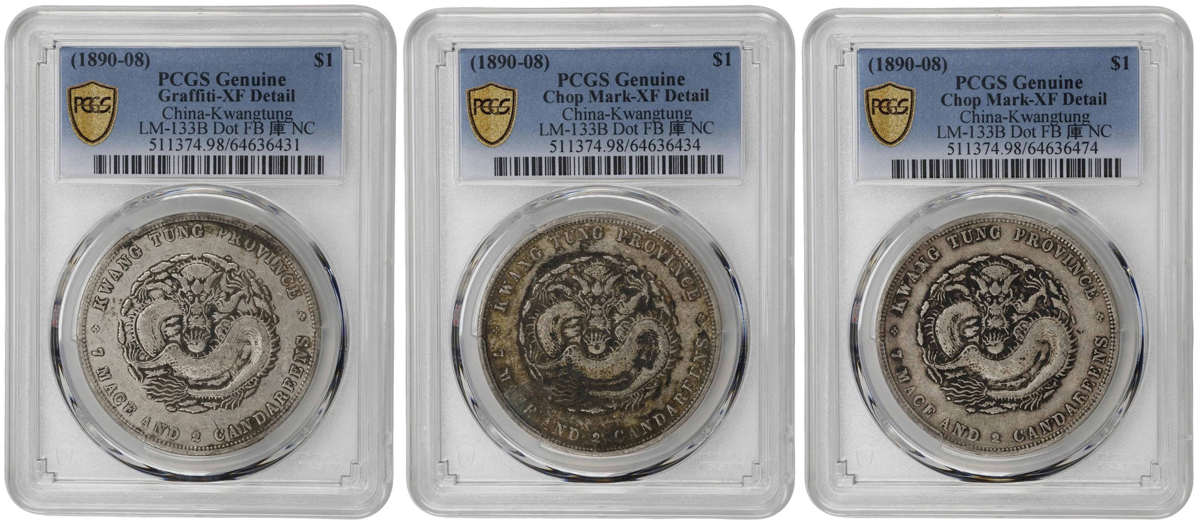 (t) CHINA. Kwangtung. Trio of 7 Mace 2 Candareens (Dollar) (3 Pieces)