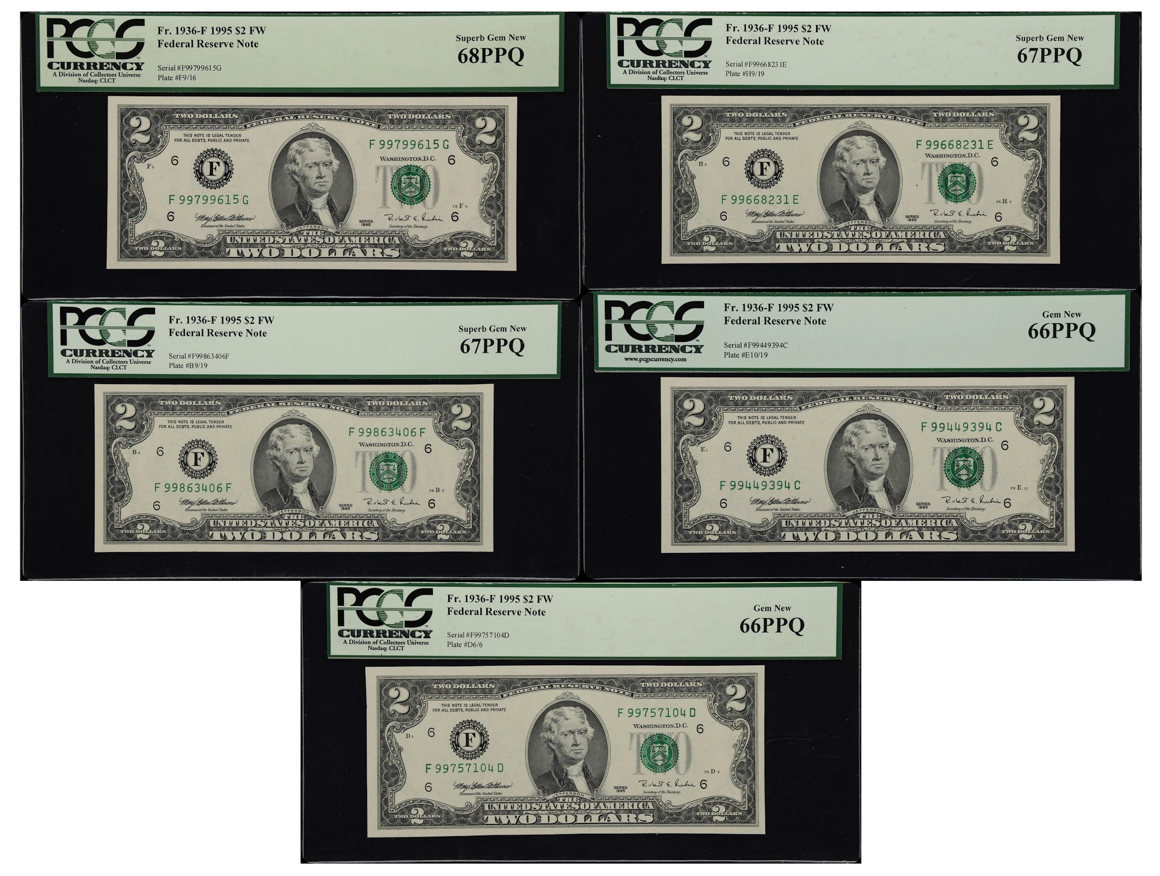 Lot of (5) Fr. 1936-F. 1995 $2 Federal Reserve Notes. Atlanta. PCGS