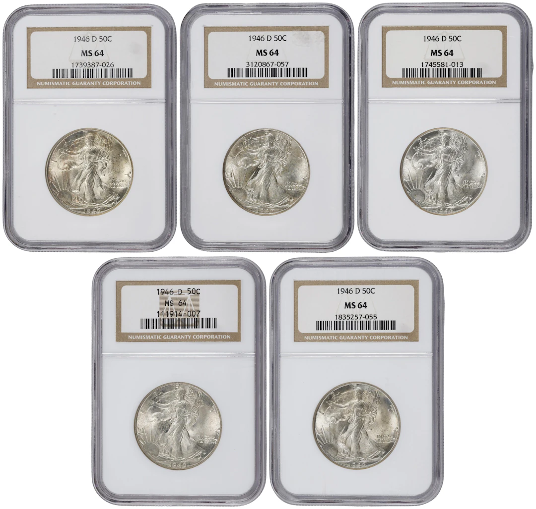Lot of (5) 1946-D Walking Liberty Half Dollars. MS-64 (NGC).