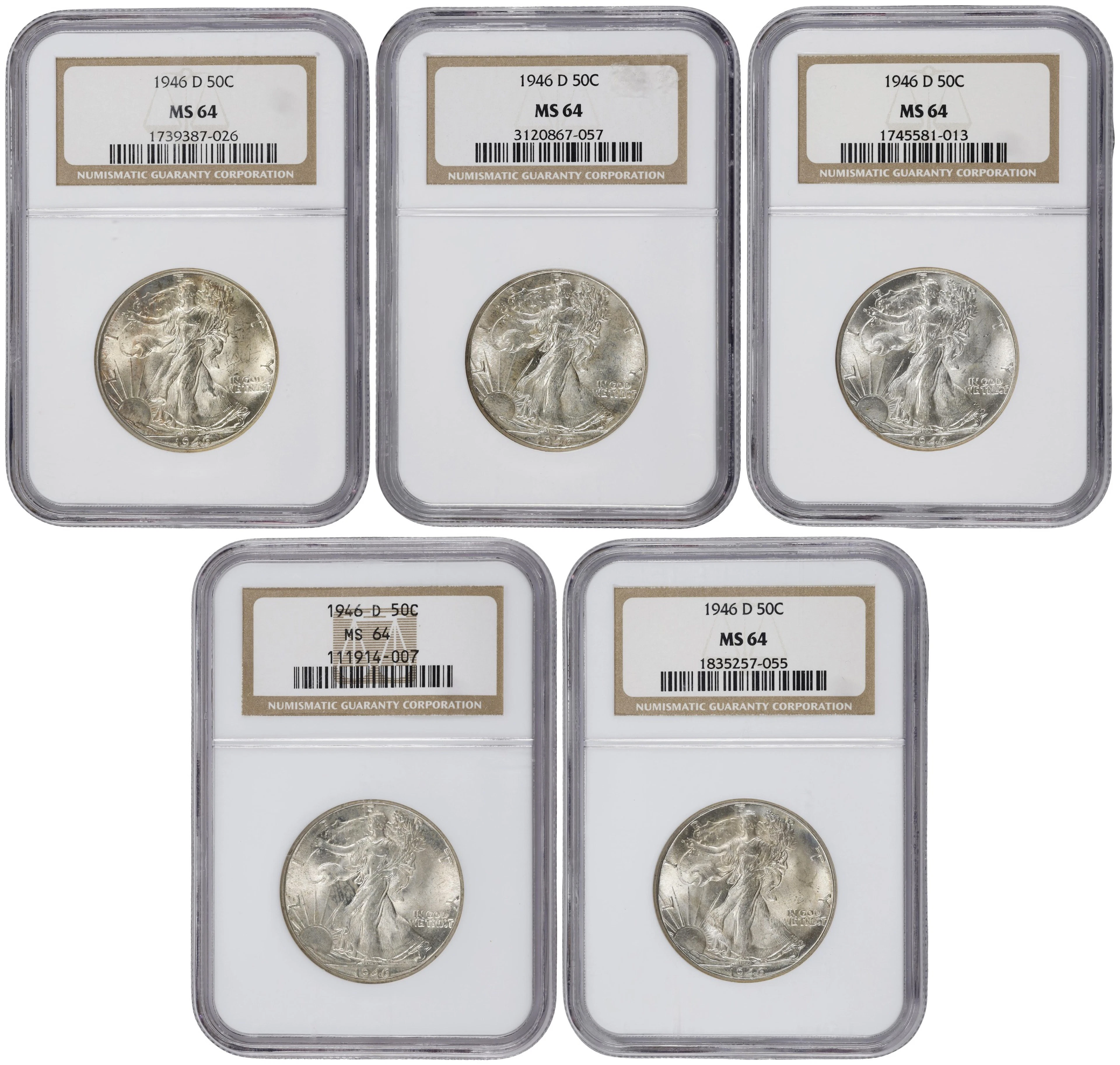 Lot of (5) 1946-D Walking Liberty Half Dollars. MS-64 (NGC).