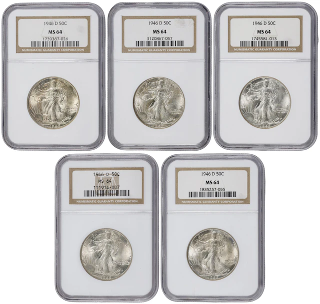 Lot of (5) 1946-D Walking Liberty Half Dollars. MS-64 (NGC).