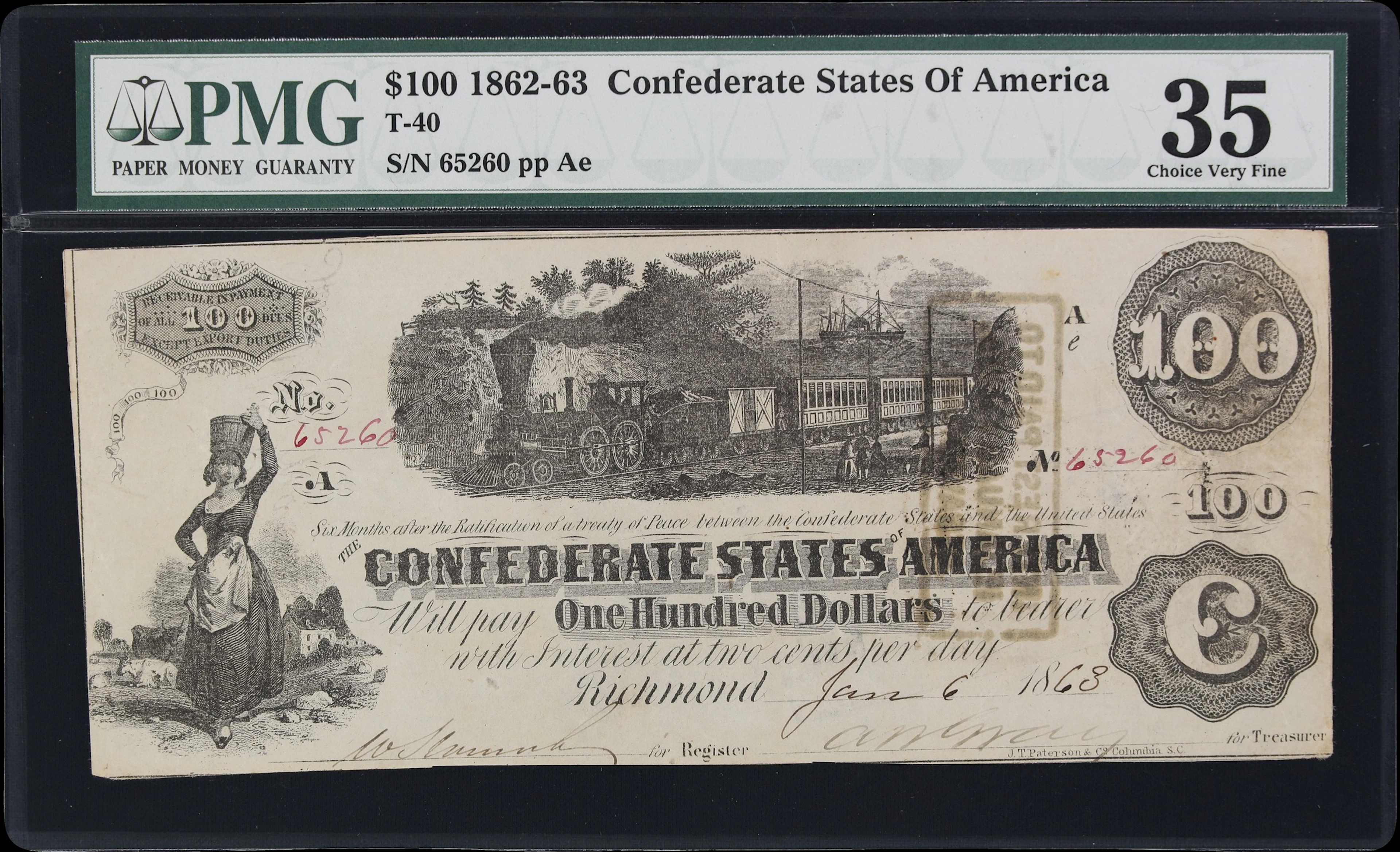 T-40. Confederate Currency. 1863 $100. PMG Choice Very Fine 35. Penned
