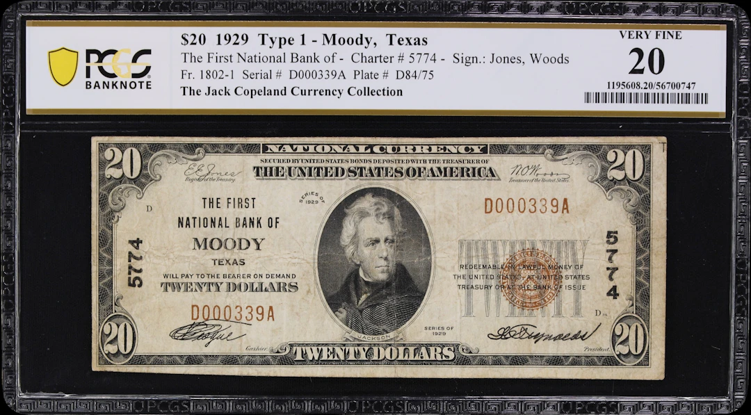 Moody, Texas. $20 1929 Ty. 1. Fr. 1802-1. First NB. Charter #5774.