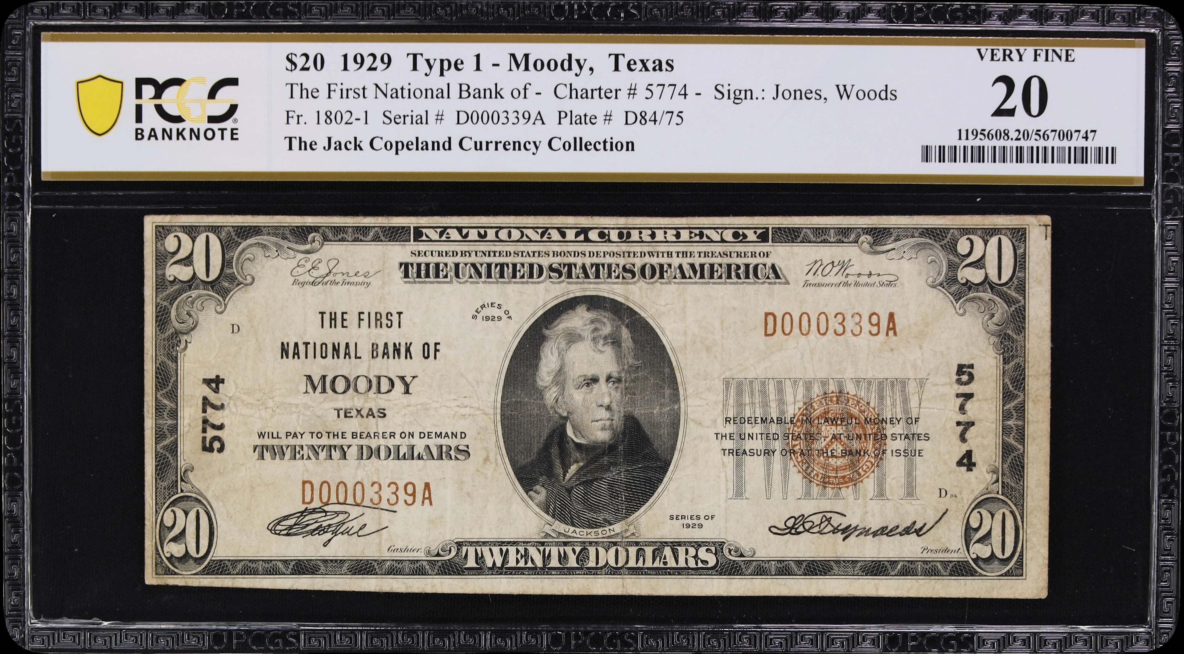 Moody, Texas. $20 1929 Ty. 1. Fr. 1802-1. First NB. Charter #5774.