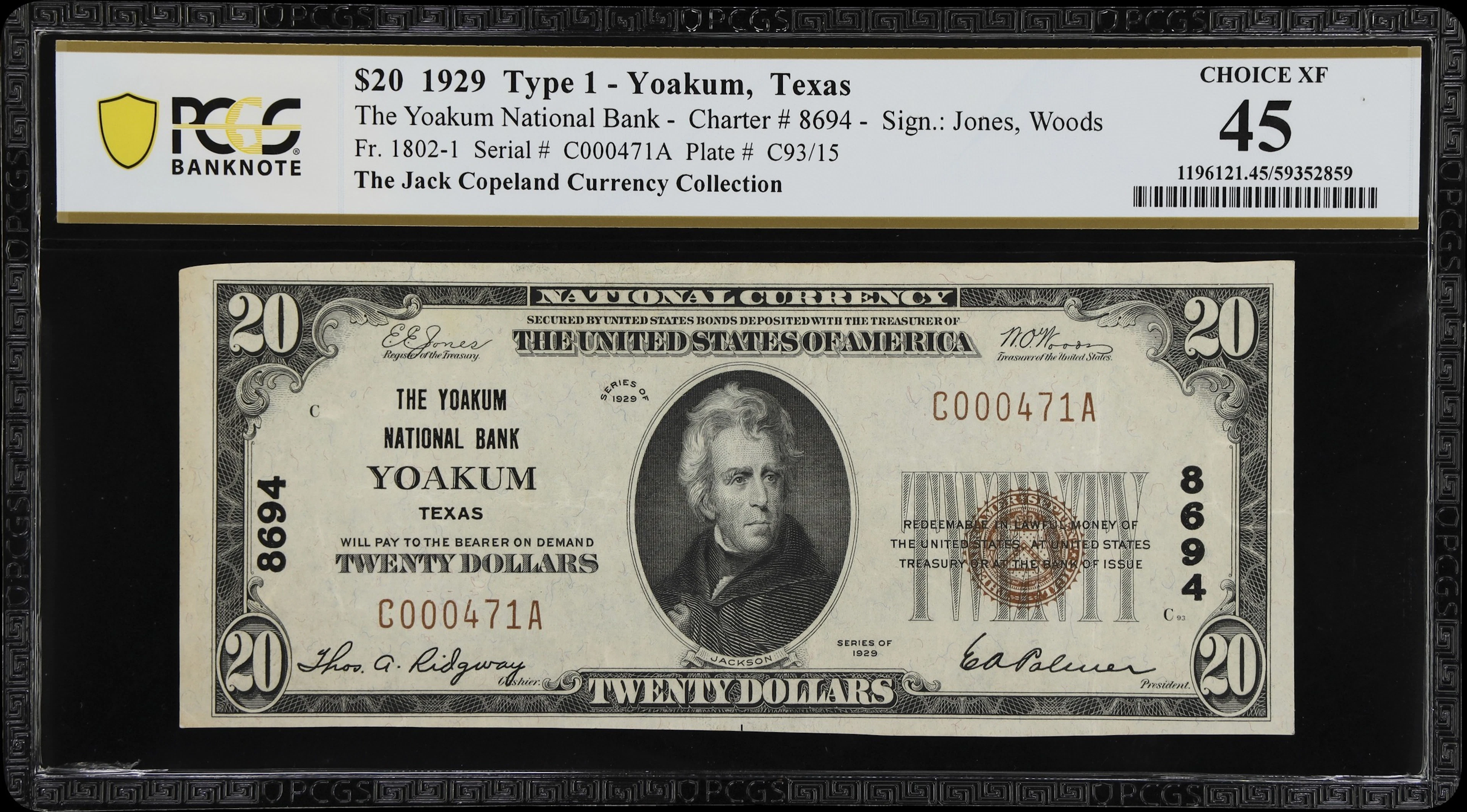 Yoakum, Texas. $20 1929 Ty. 1. Fr. 1802-1. Yoakum NB. Charter #8694.