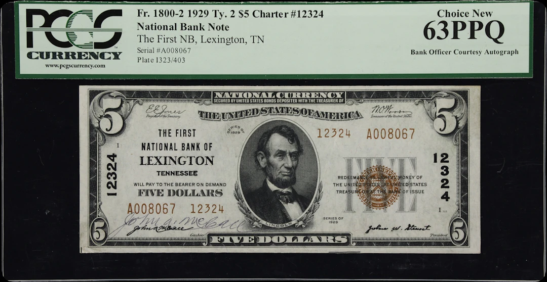 Lexington, Tennessee. $5 1929 Ty. 2. Fr. 1800-2. First NB. Charter