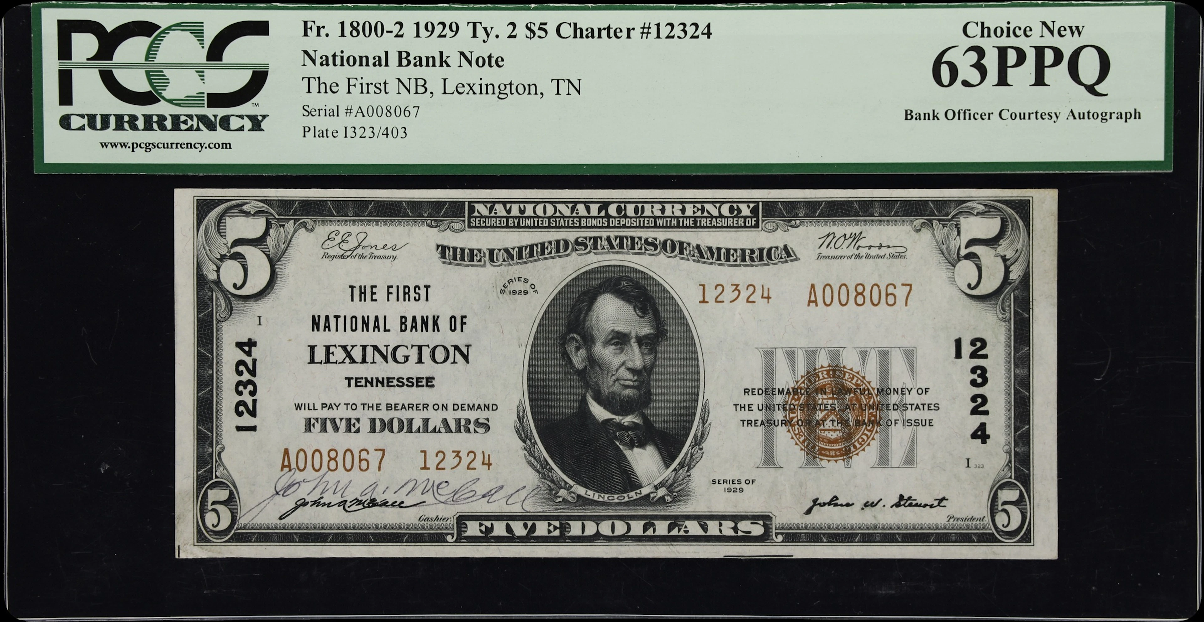 Lexington, Tennessee. $5 1929 Ty. 2. Fr. 1800-2. First NB. Charter