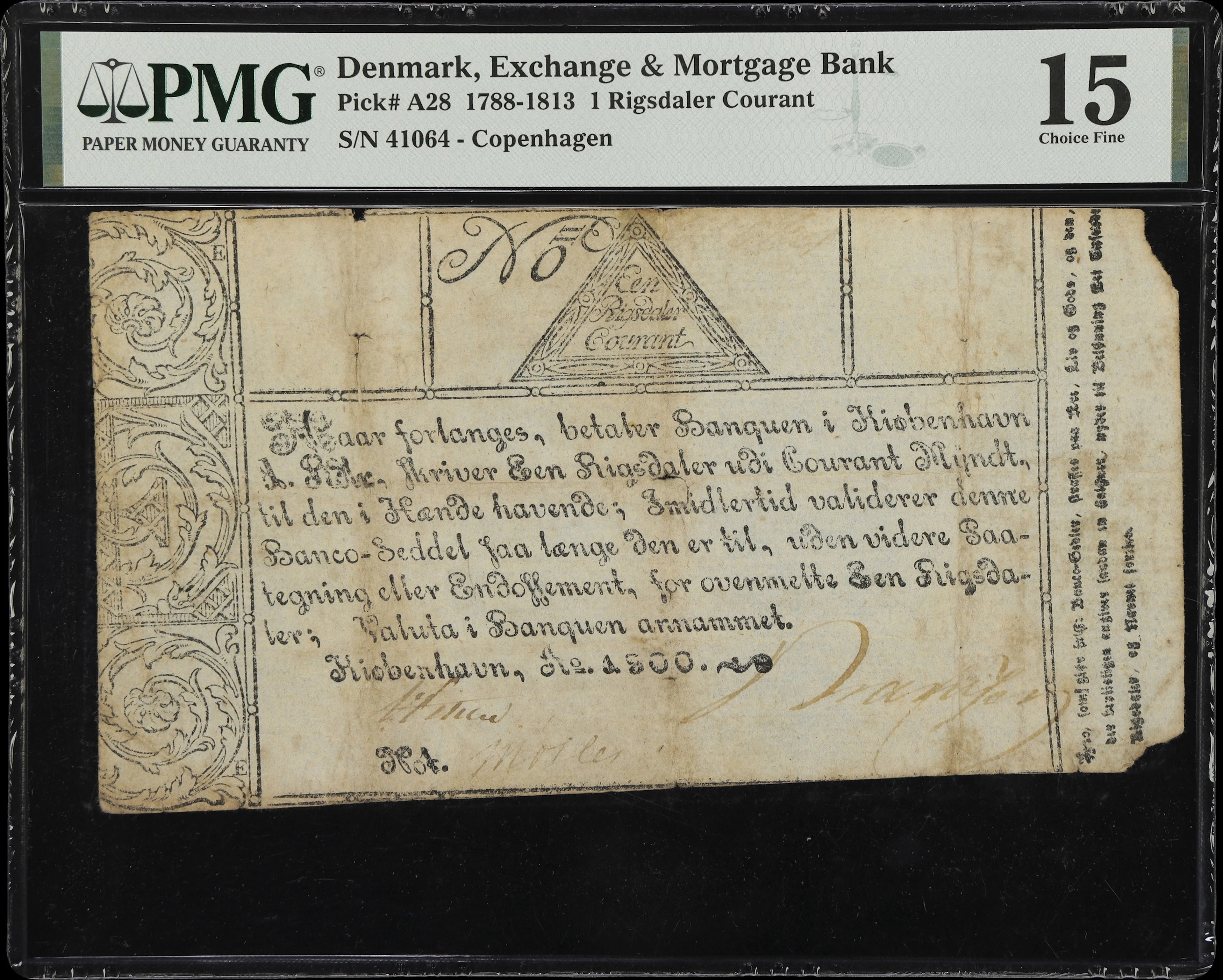 (◊) DENMARK. Exchange & Mortgage Bank. 1 Rigsdaler Courant, 1800.