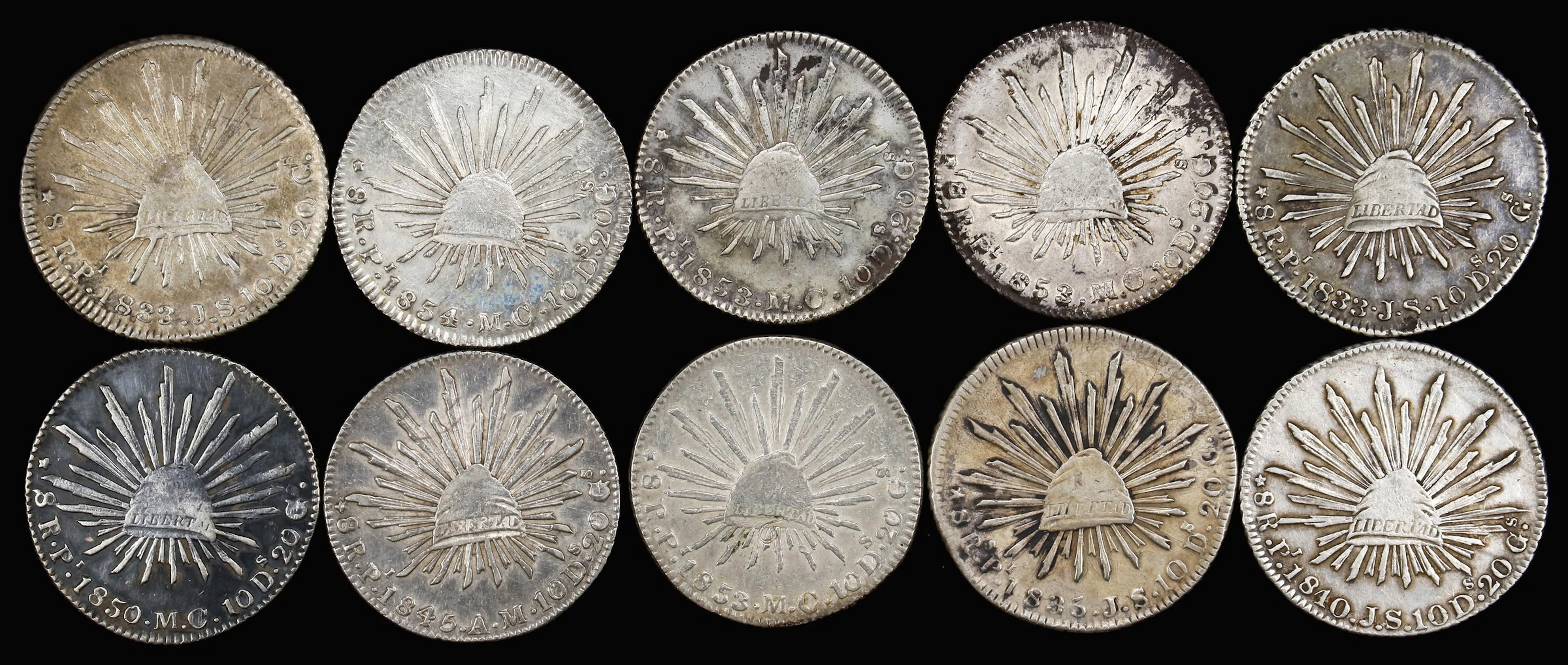 MEXICO. Group of 8 Reales (10 Pieces), 1833-54. San Luis Potosi Mint.