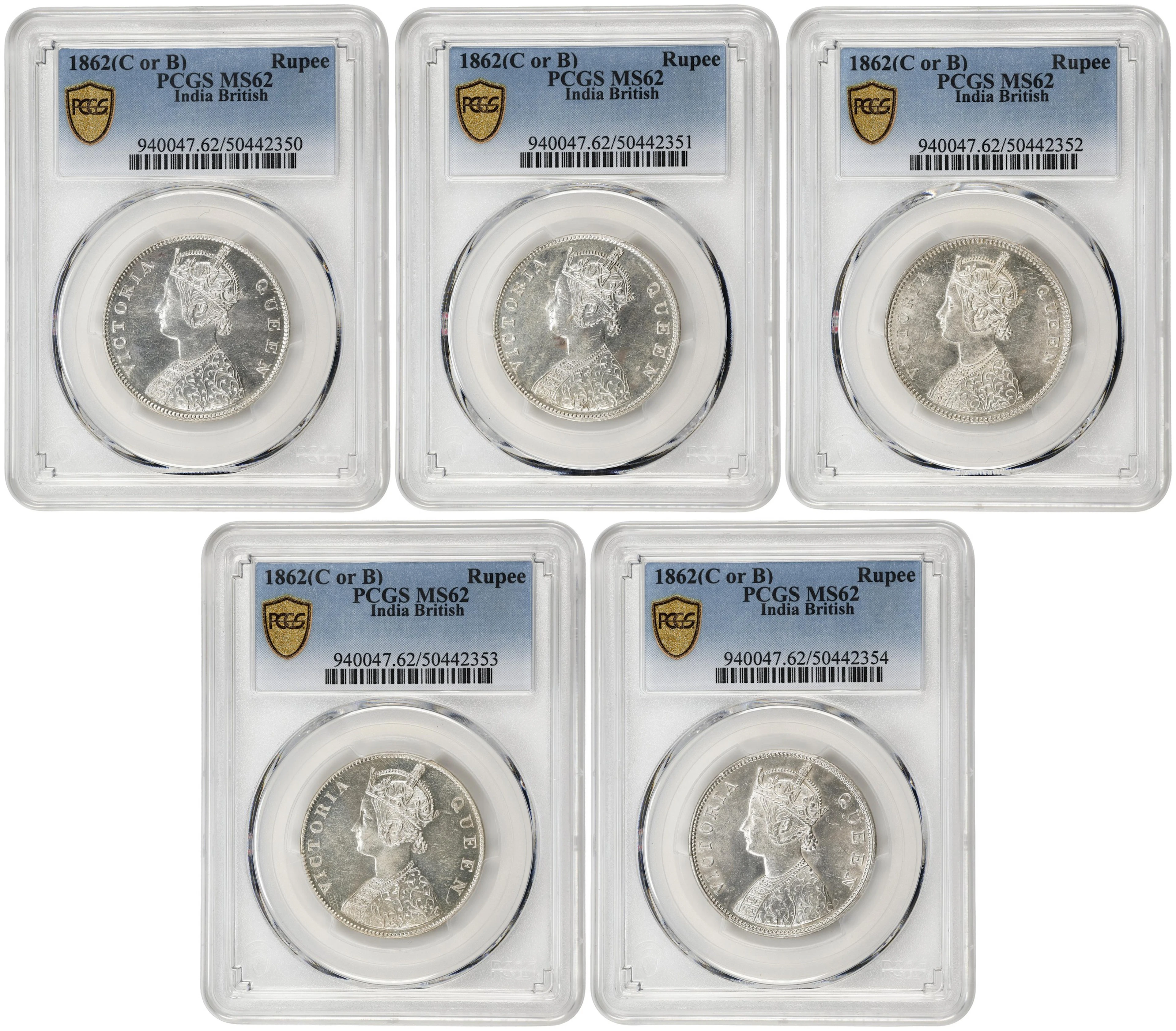INDIA. Quintet of Rupees (5 Pieces), 1862-(B). Bombay Mint. Victoria.