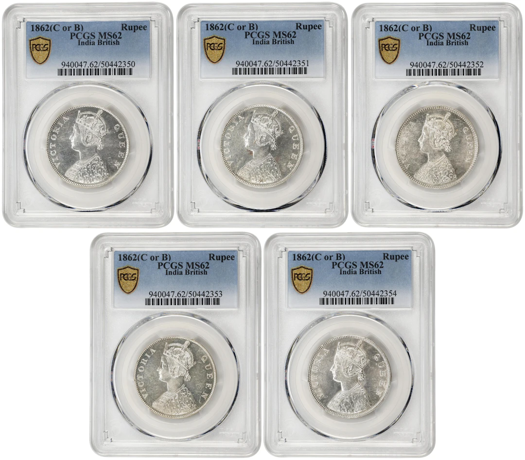 INDIA. Quintet of Rupees (5 Pieces), 1862-(B). Bombay Mint. Victoria.