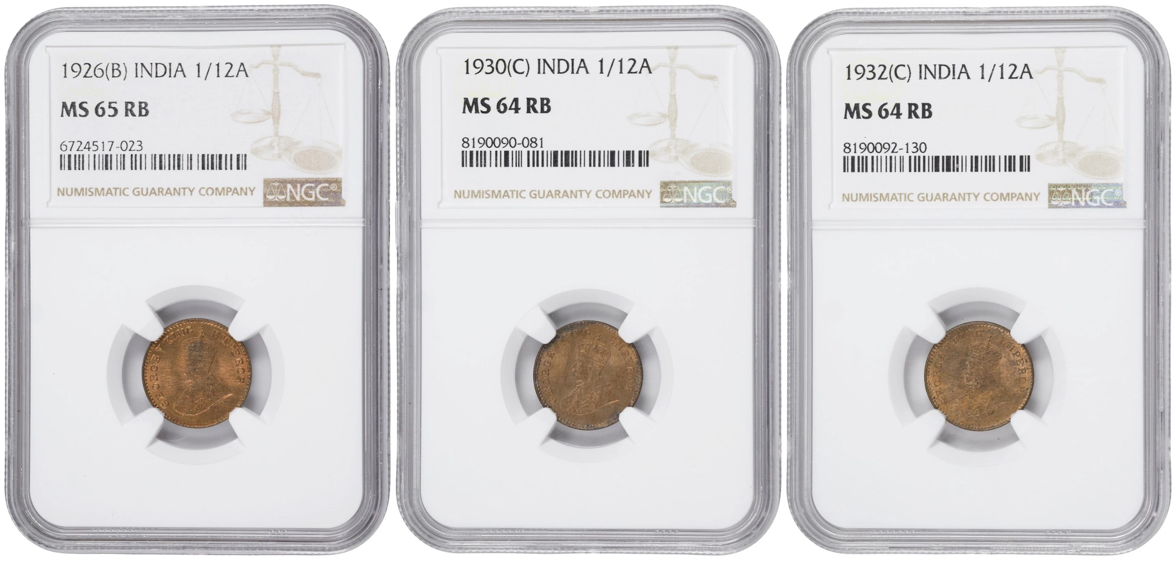 INDIA. Trio of 1/12 Annas (3 Pieces), 1926-32. George V. All NGC Certified.