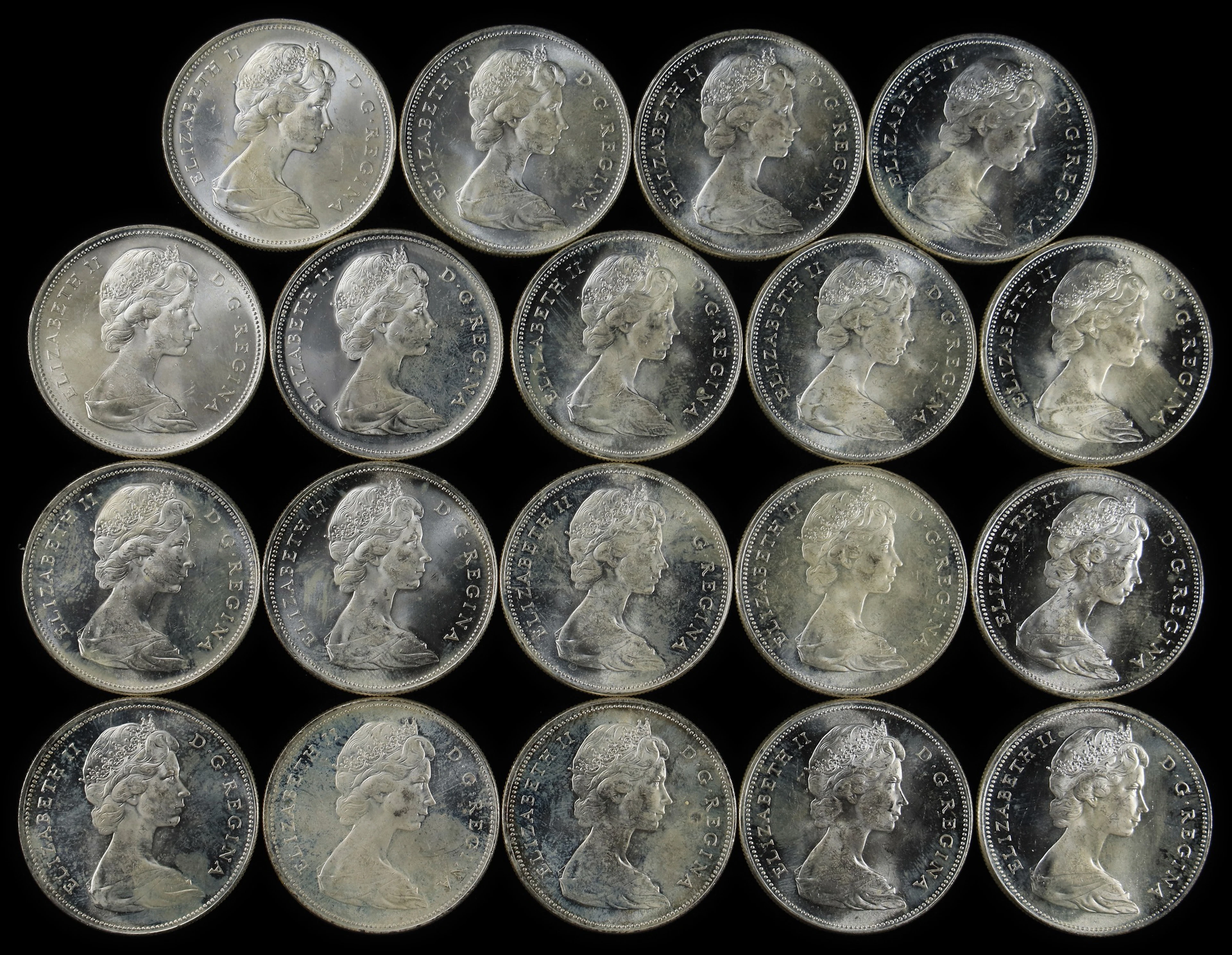 (11.4 oz, 354.586 g ASW). Canada. Lot of (19) 1966 Silver $1.
