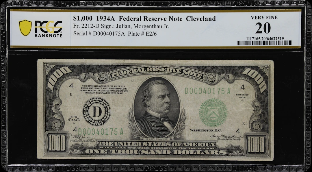 Fr. 2212-D. 1934A $1000 Federal Reserve Note. Cleveland. PCGS Banknote