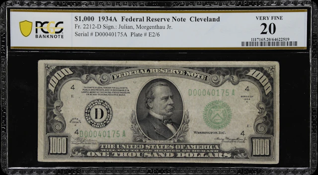 Fr. 2212-D. 1934A $1000 Federal Reserve Note. Cleveland. PCGS Banknote