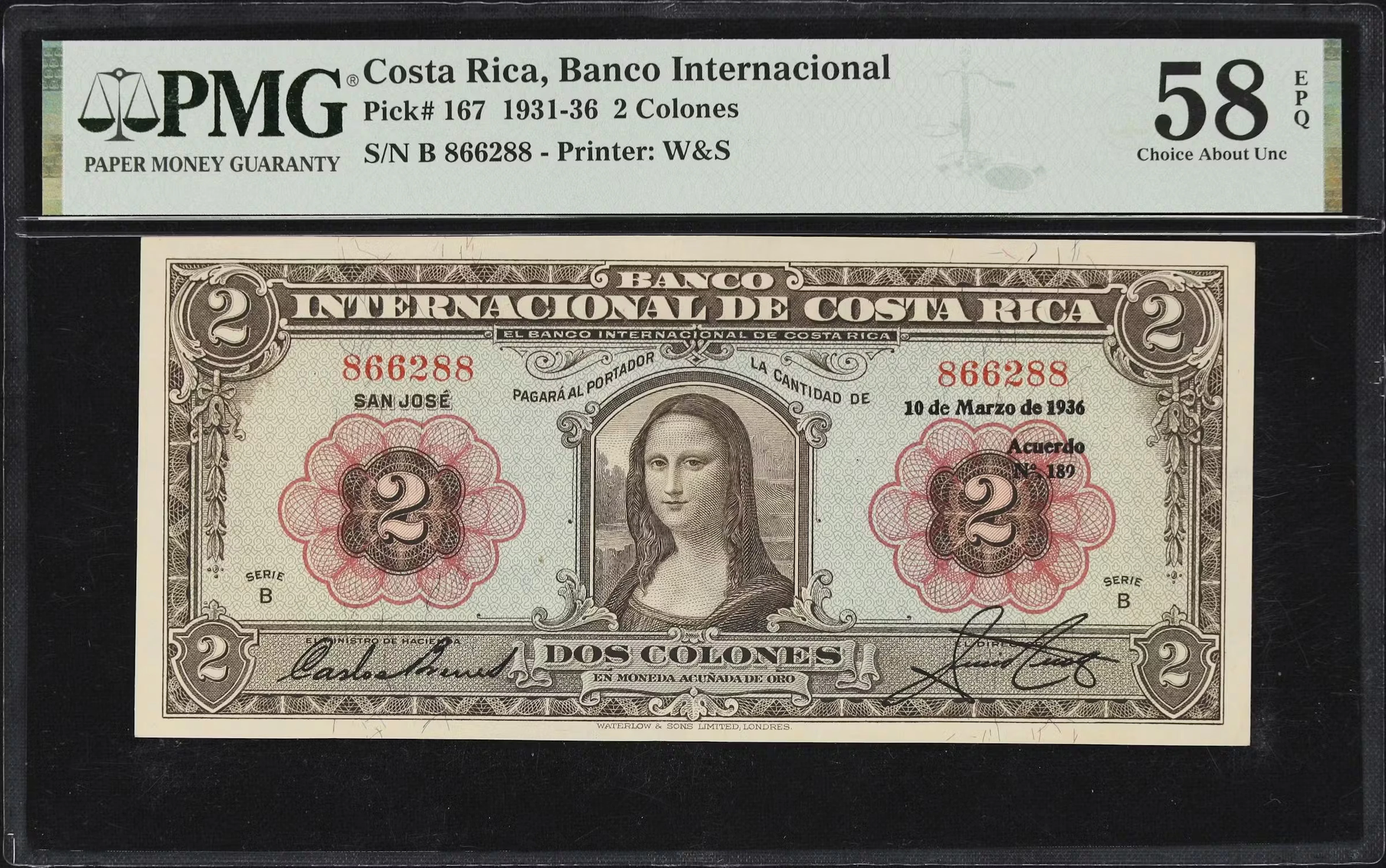 COSTA RICA. Banco Internacional de Costa Rica. 2 Colones, 10.3.1936.