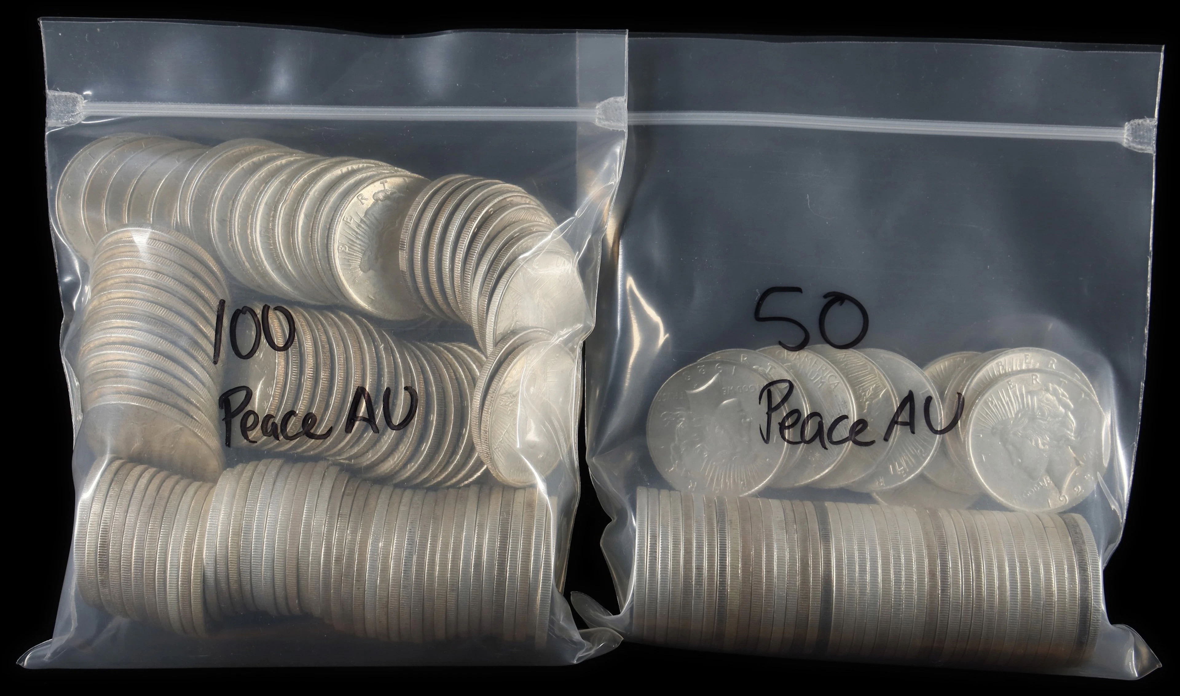 (116.01 oz, 3608.375 g ASW). Lot of (150) Mixed Date Peace Silver Dollars.