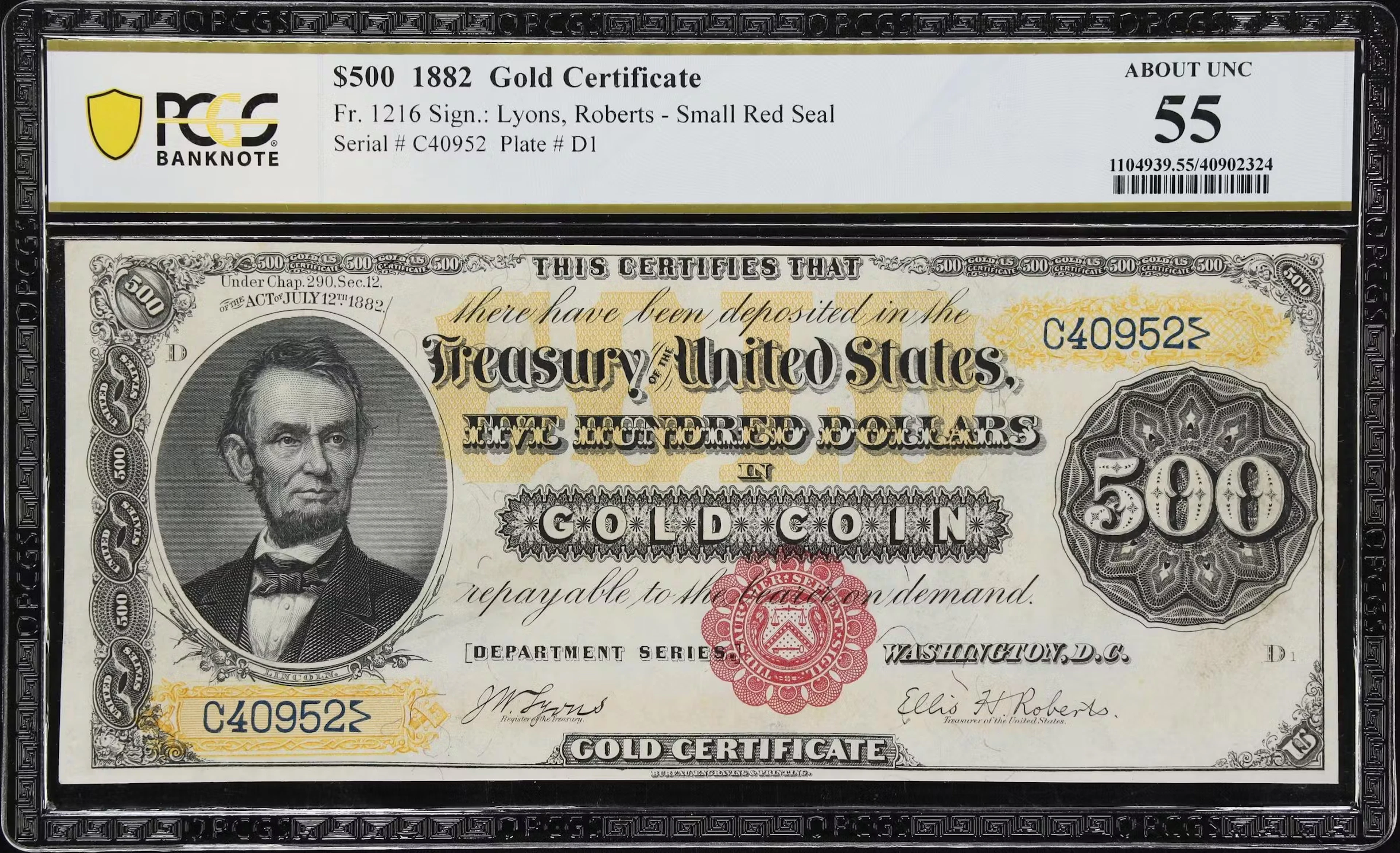 Fr. 1216. 1882 $500 Gold Certificate. PCGS Banknote About Uncirculated 55.