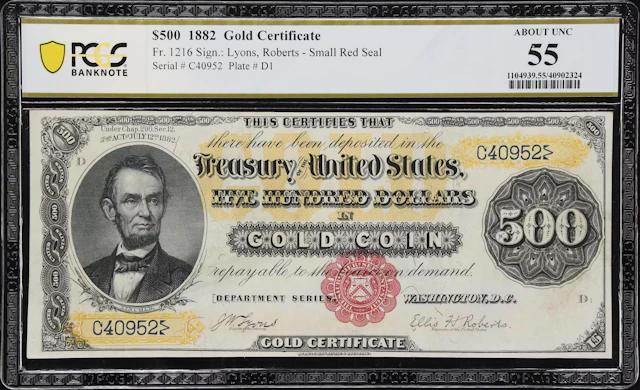Fr. 1216. 1882 $500 Gold Certificate. PCGS Banknote About Uncirculated 55.