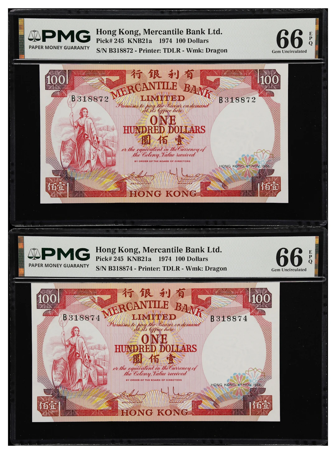 HONG KONG (SAR). Lot of (2). Mercantile Bank Limited. 100 Dollars
