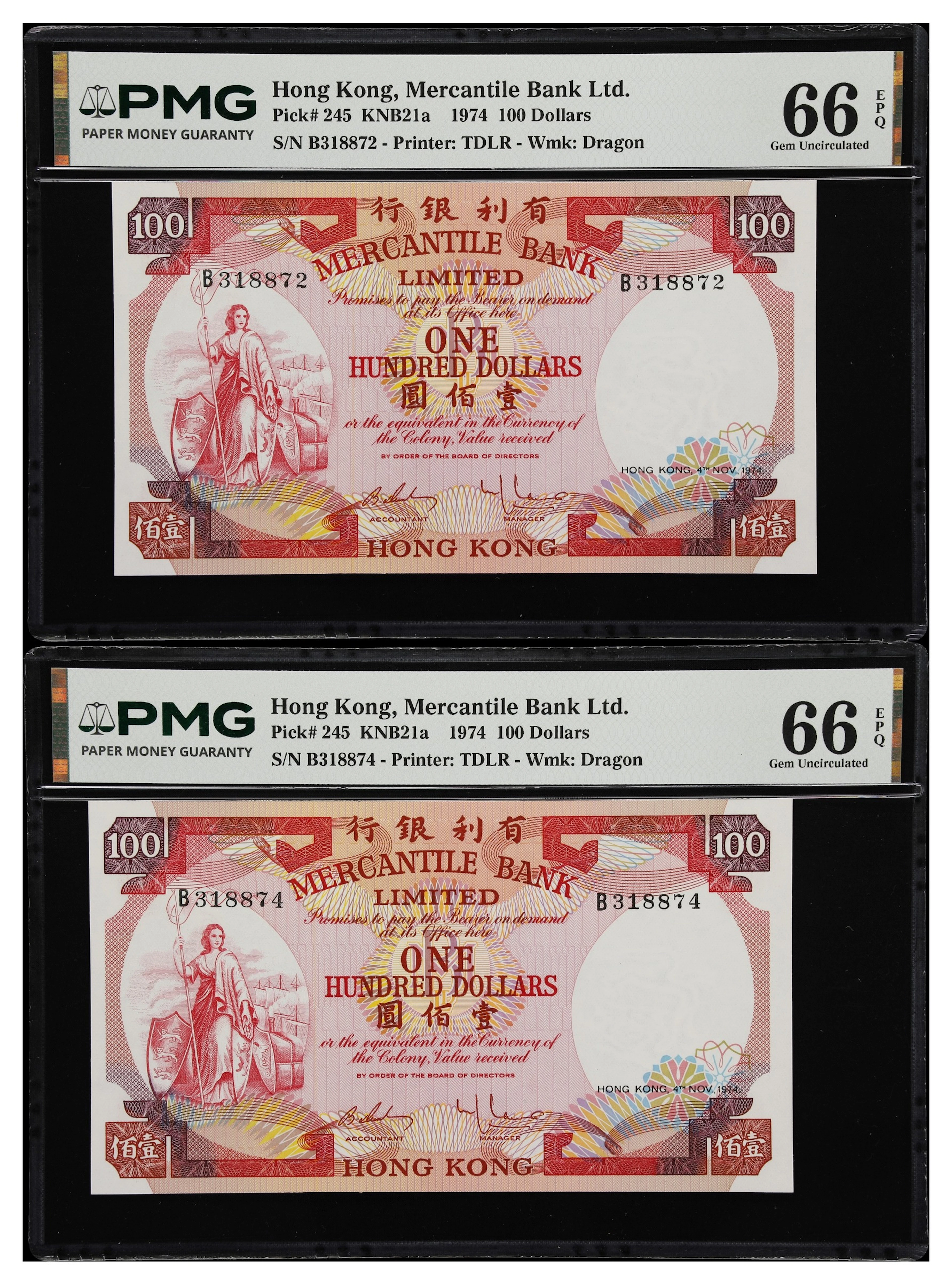HONG KONG (SAR). Lot of (2). Mercantile Bank Limited. 100 Dollars