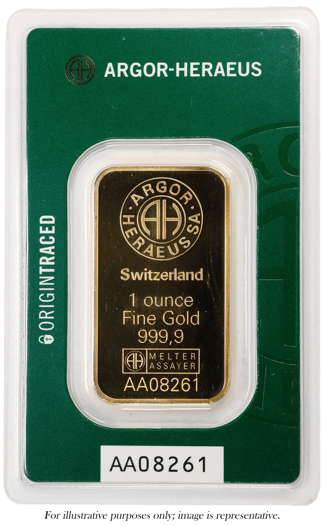 (1 oz, 31.104 g AGW). Argor Heraeus 1 oz Gold Bar.